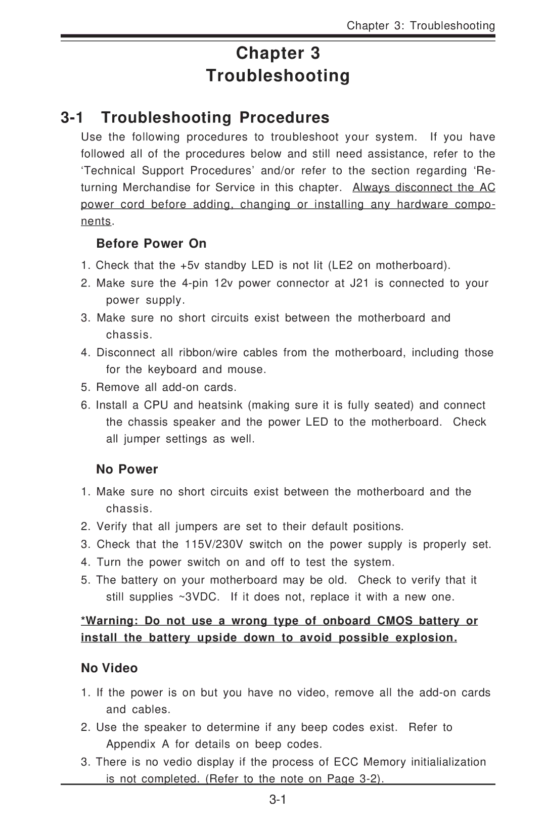 SUPER MICRO Computer P4SCT+II user manual Troubleshooting Procedures, Before Power On, No Power, No Video 