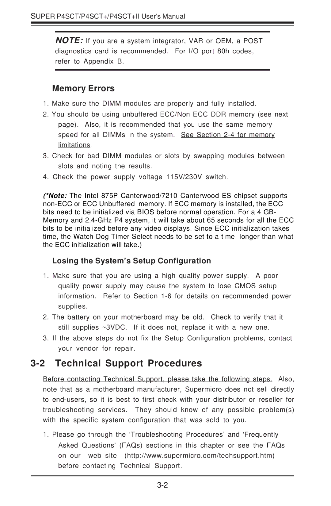 SUPER MICRO Computer P4SCT+II Technical Support Procedures, Memory Errors, Losing the System’s Setup Configuration 