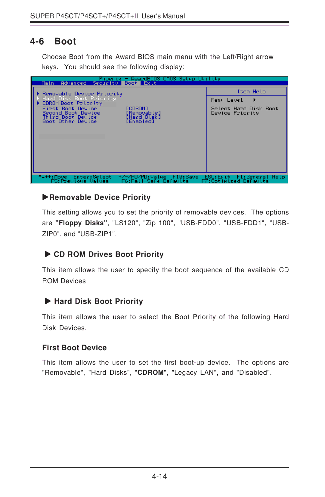 SUPER MICRO Computer P4SCT+II XRemovable Device Priority, CD ROM Drives Boot Priority, Hard Disk Boot Priority 