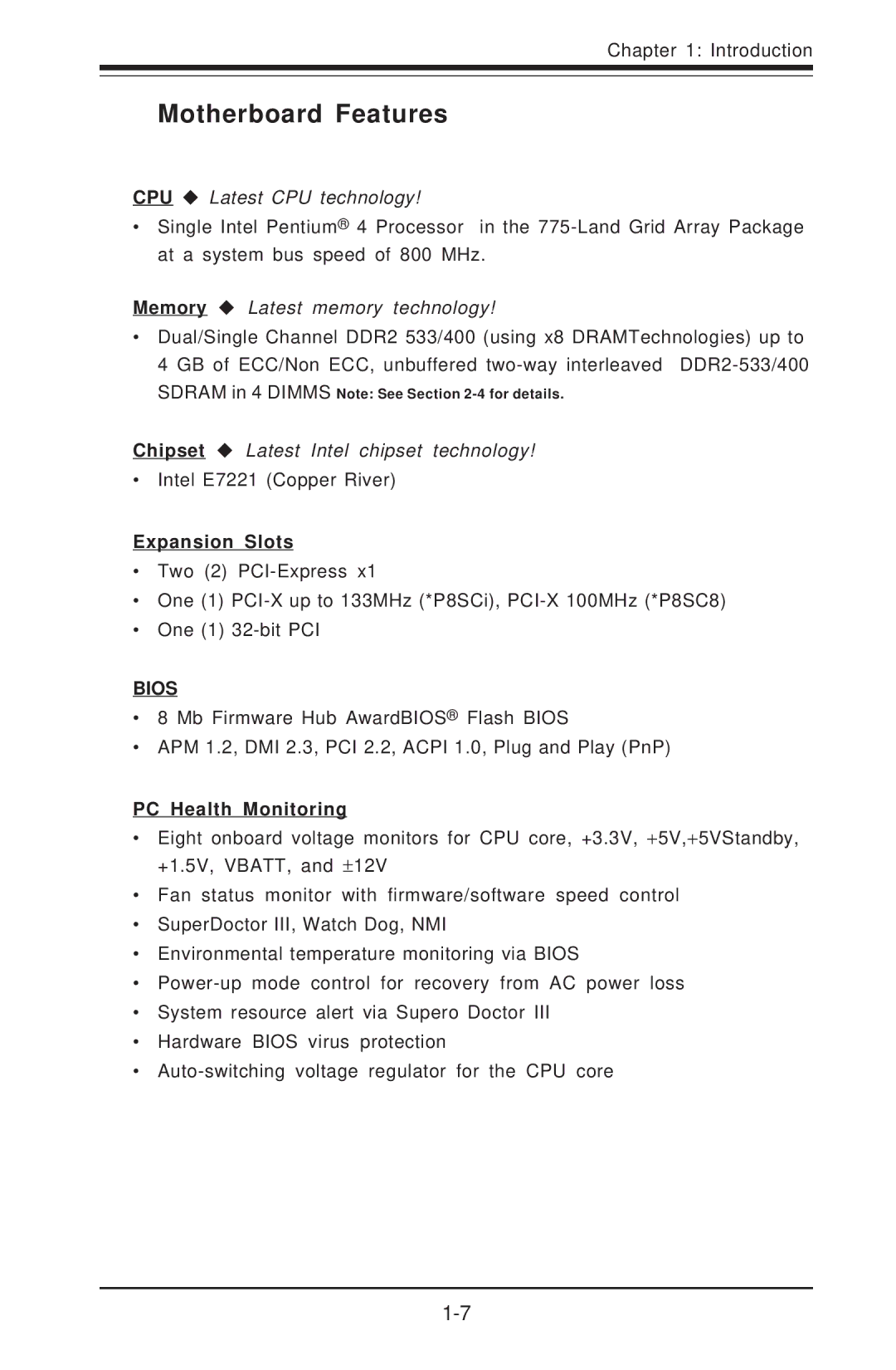 SUPER MICRO Computer P8SC8, P8SCI manual Motherboard Features, Expansion Slots, PC Health Monitoring 