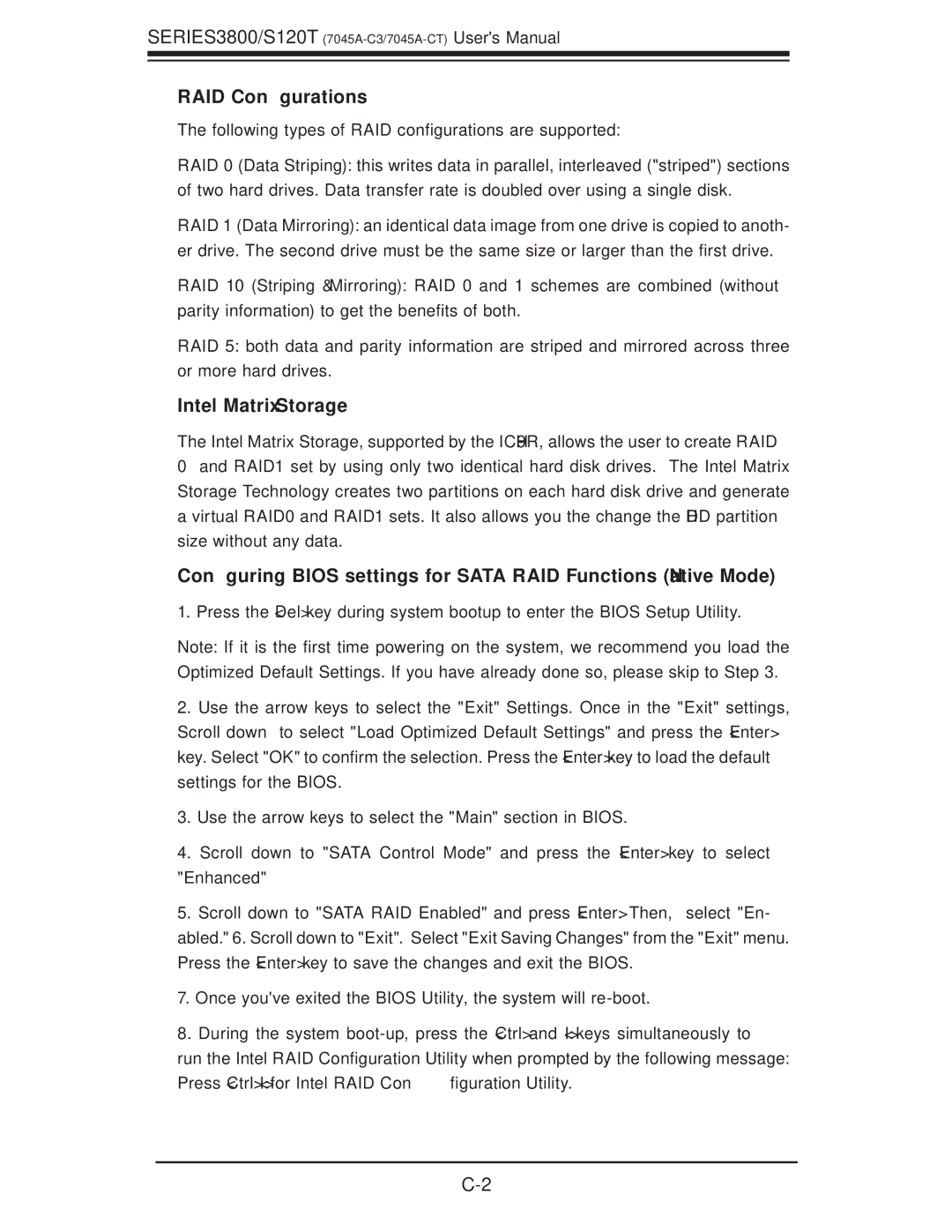 SUPER MICRO Computer S120T, SERIES3800 user manual RAID Conﬁgurations, Intel Matrix Storage 