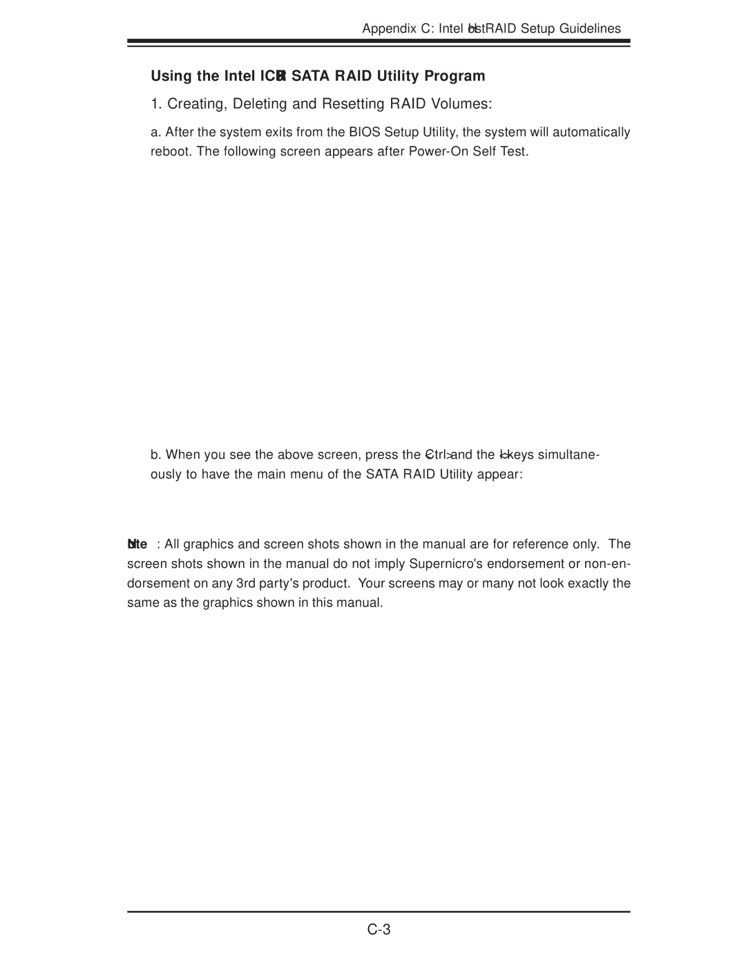 SUPER MICRO Computer SERIES3800, S120T user manual Using the Intel ICH9R Sata RAID Utility Program 