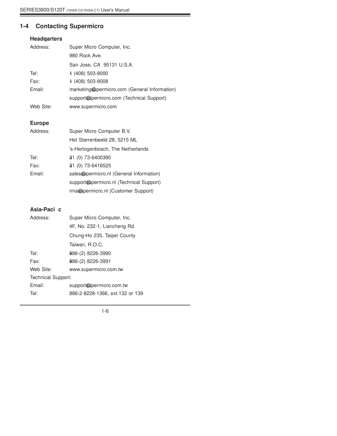 SUPER MICRO Computer S120T, SERIES3800 user manual Contacting Supermicro, Headquarters, Europe, Asia-Paciﬁc 