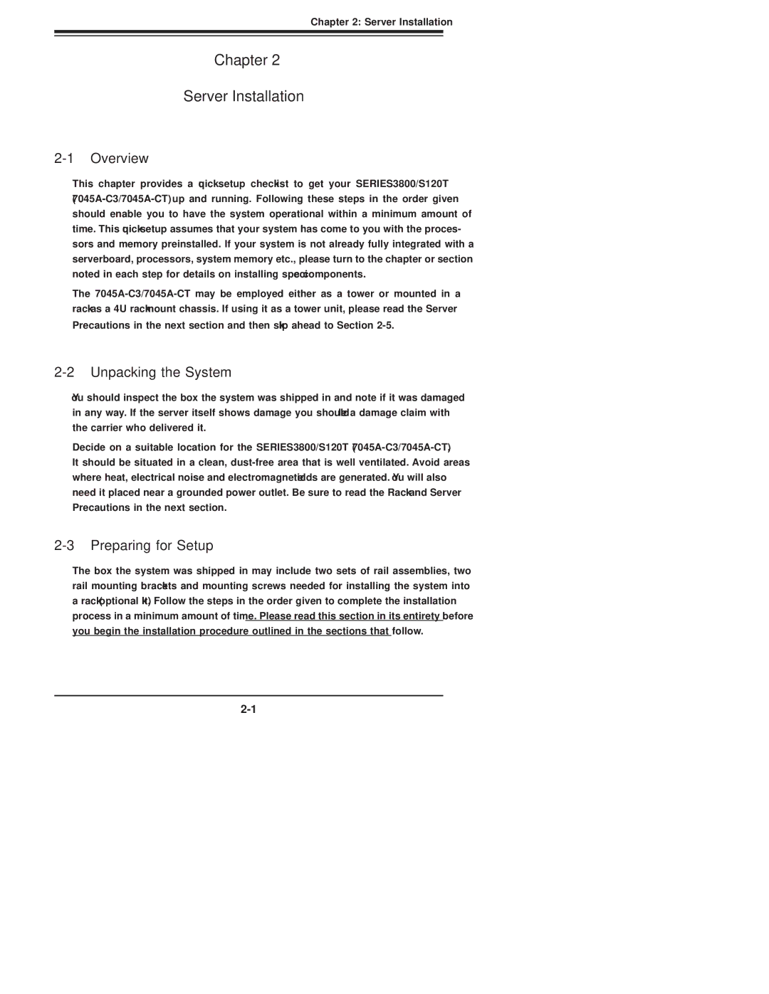 SUPER MICRO Computer SERIES3800, S120T user manual Chapter Server Installation, Unpacking the System, Preparing for Setup 