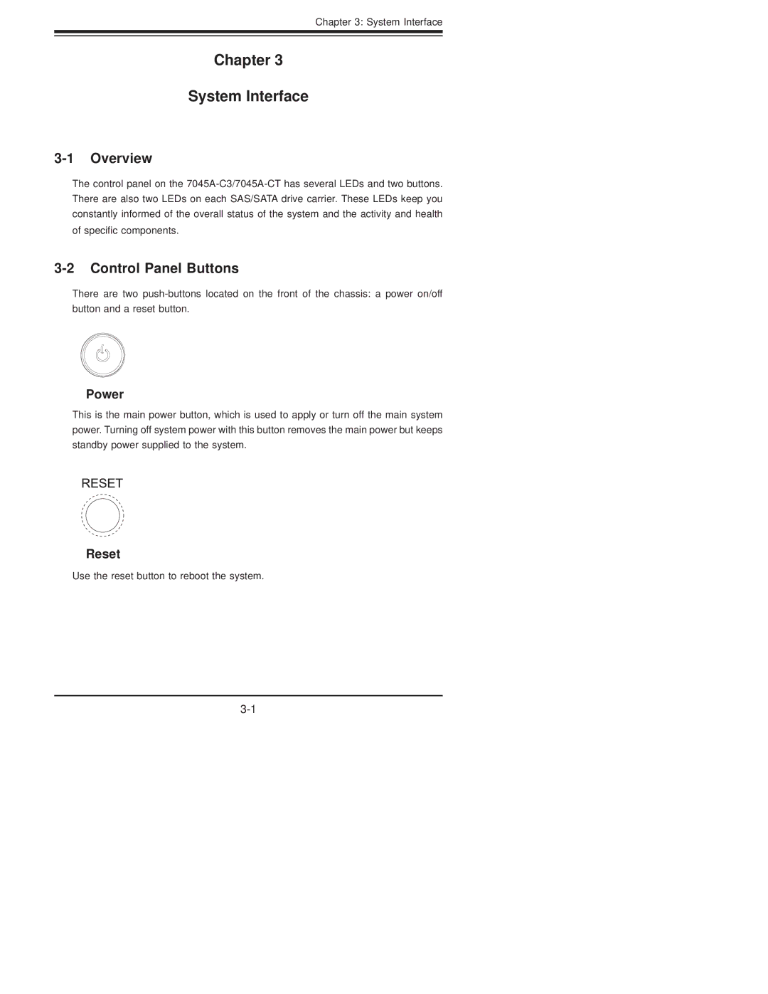 SUPER MICRO Computer SERIES3800, S120T user manual Chapter System Interface, Control Panel Buttons, Power, Reset 