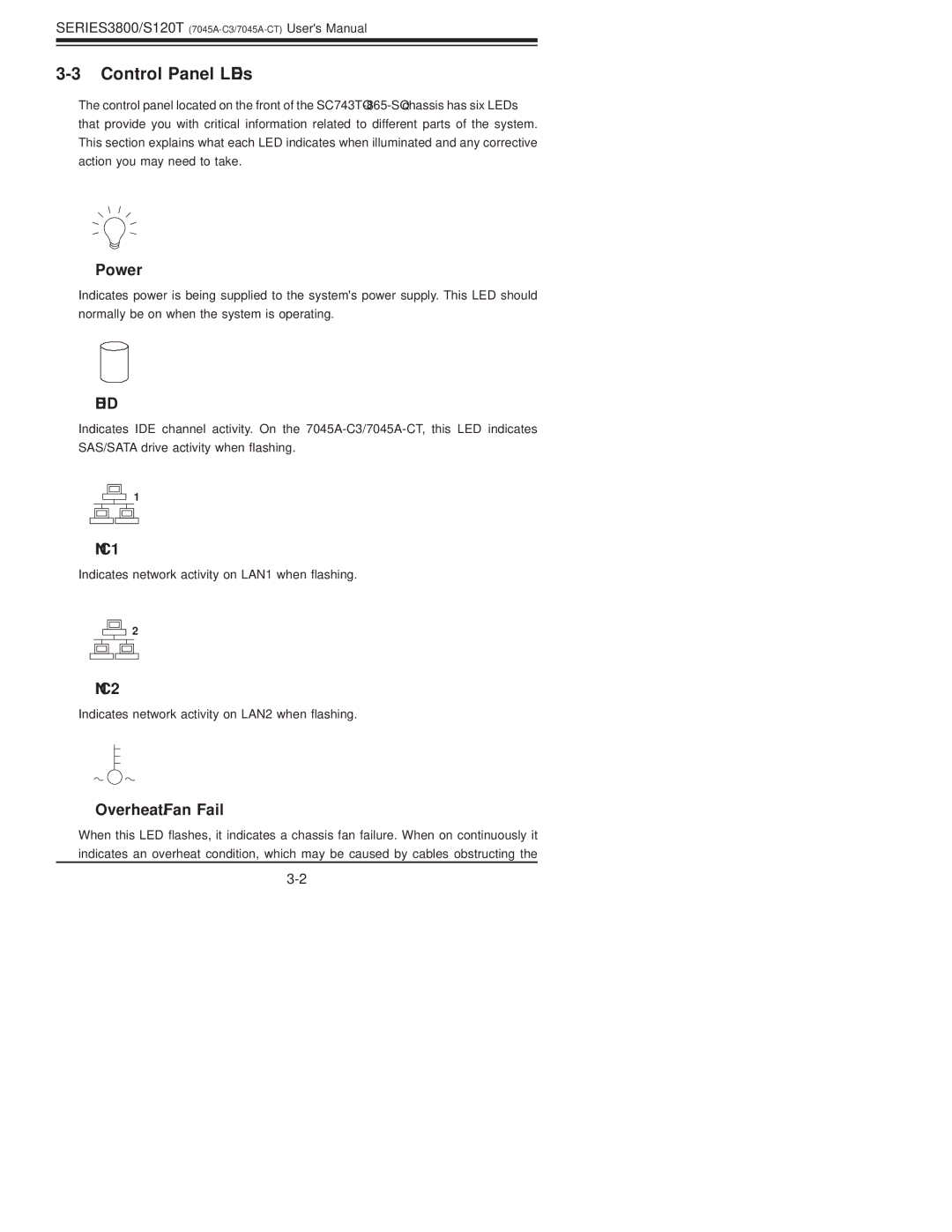 SUPER MICRO Computer S120T, SERIES3800 user manual Control Panel LEDs, Overheat/Fan Fail 