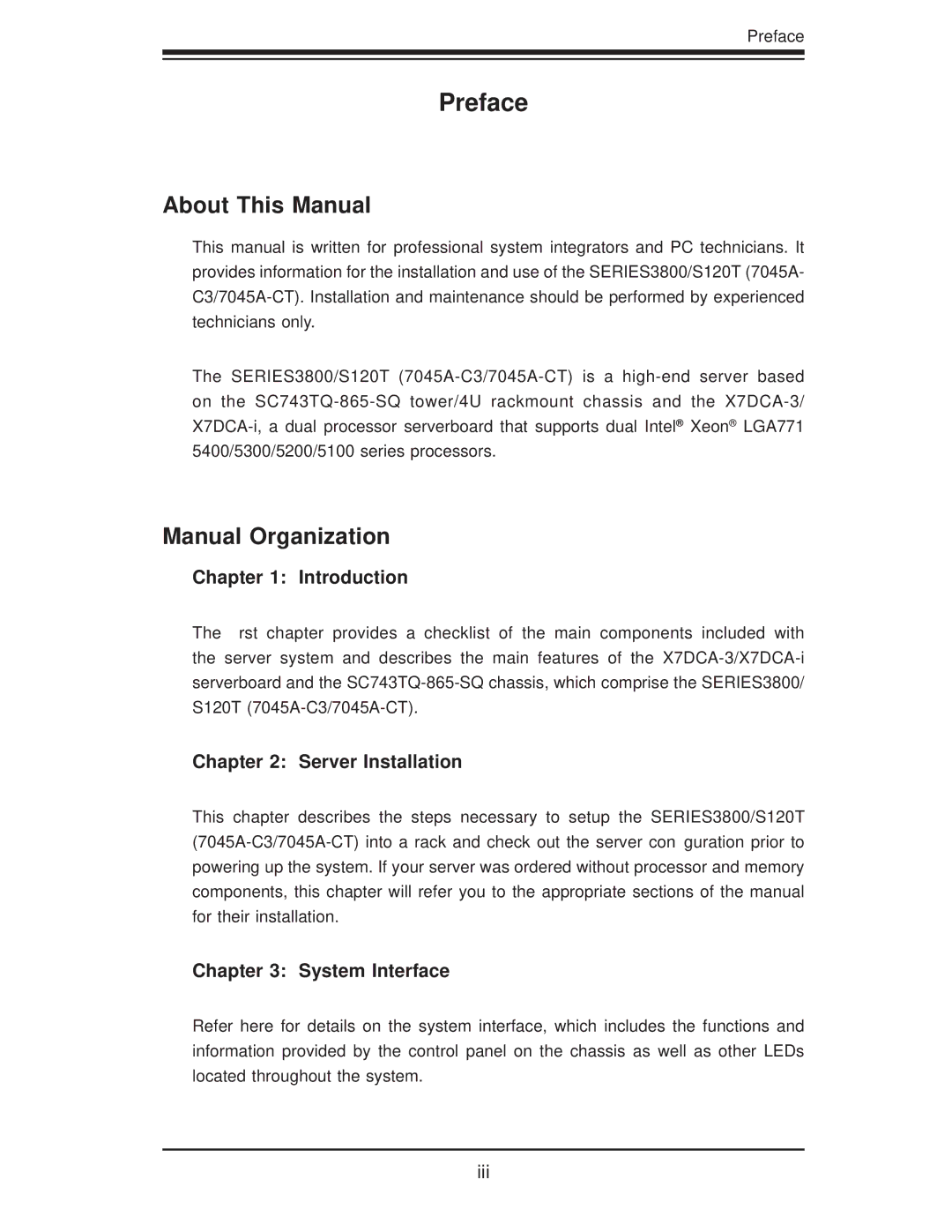 SUPER MICRO Computer SERIES3800, S120T user manual About This Manual, Manual Organization, Introduction, Server Installation 