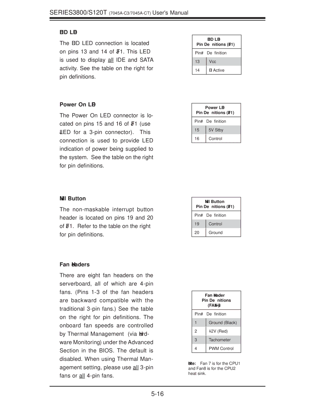 SUPER MICRO Computer S120T, SERIES3800 user manual Power On LED, NMI Button, Fan Headers 