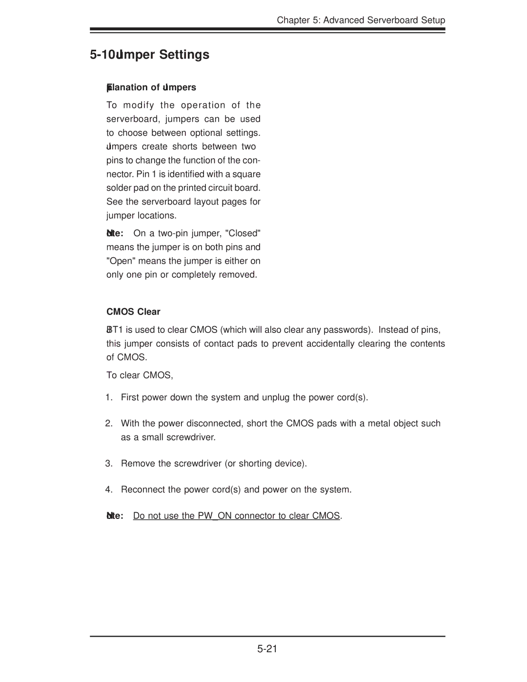 SUPER MICRO Computer SERIES3800, S120T user manual Jumper Settings, Explanation of Jumpers, Cmos Clear, To clear Cmos 