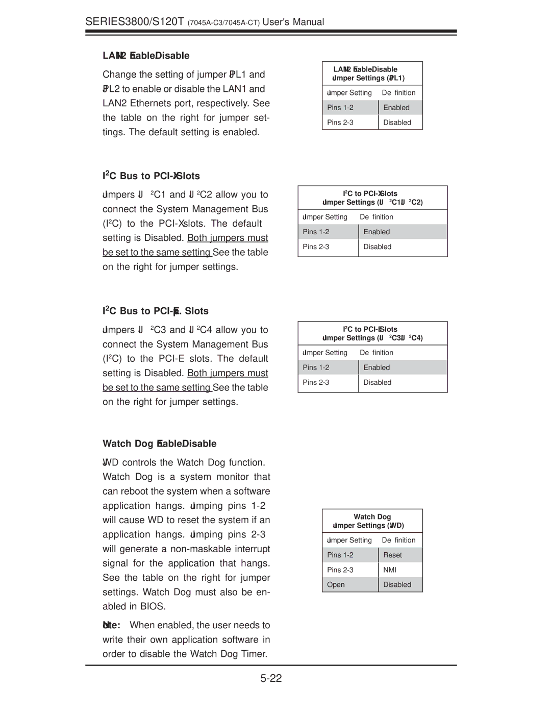 SUPER MICRO Computer S120T, SERIES3800 user manual LAN1/2 Enable/Disable, I2C Bus to PCI-X/ Slots, I2C Bus to PCI-Exp. Slots 