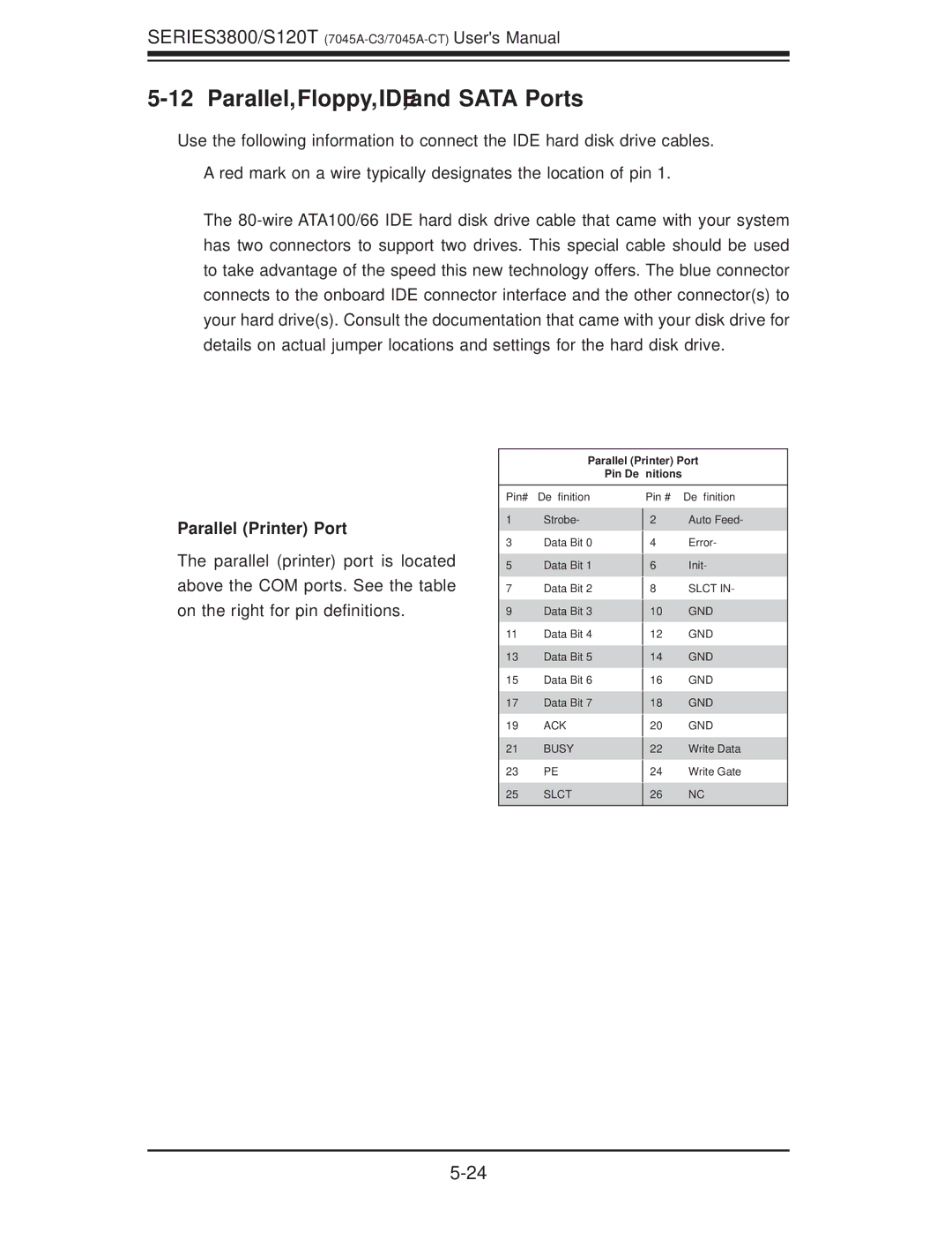 SUPER MICRO Computer S120T, SERIES3800 user manual Parallel, Floppy, IDE, and Sata Ports, Parallel Printer Port 