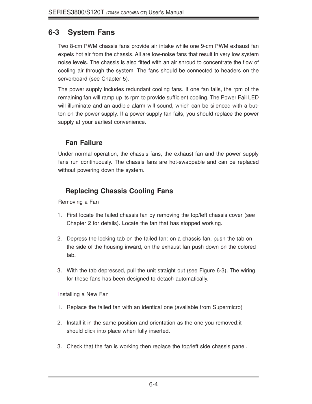 SUPER MICRO Computer S120T System Fans, Fan Failure, Replacing Chassis Cooling Fans, Removing a Fan, Installing a New Fan 