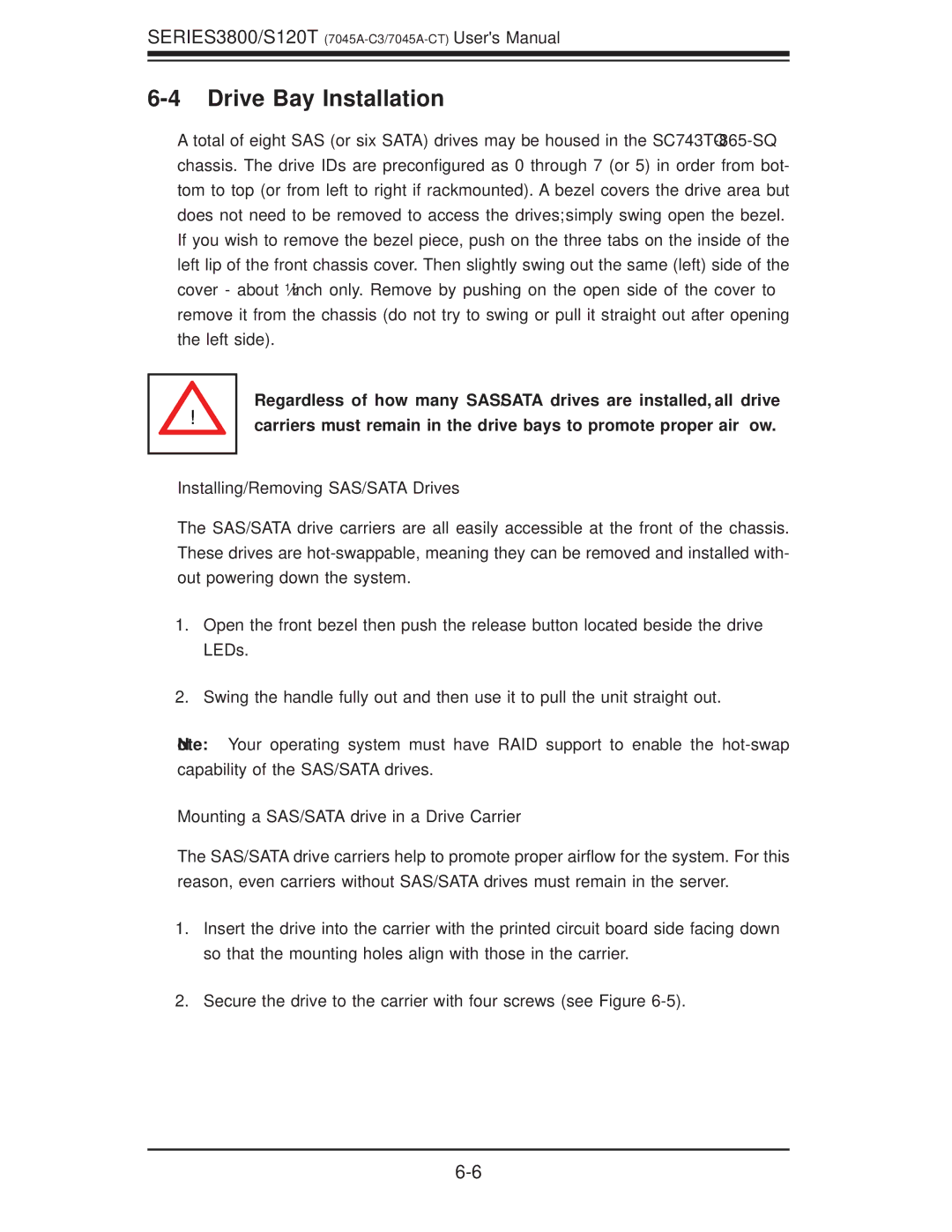 SUPER MICRO Computer S120T, SERIES3800 user manual Drive Bay Installation, Installing/Removing SAS/SATA Drives 