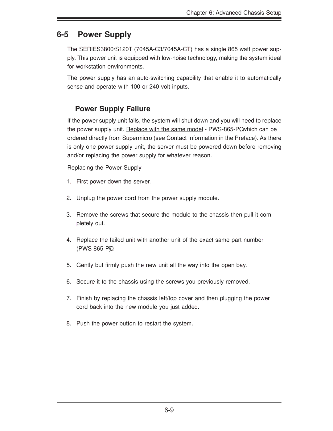 SUPER MICRO Computer SERIES3800, S120T user manual Power Supply Failure, Replacing the Power Supply 