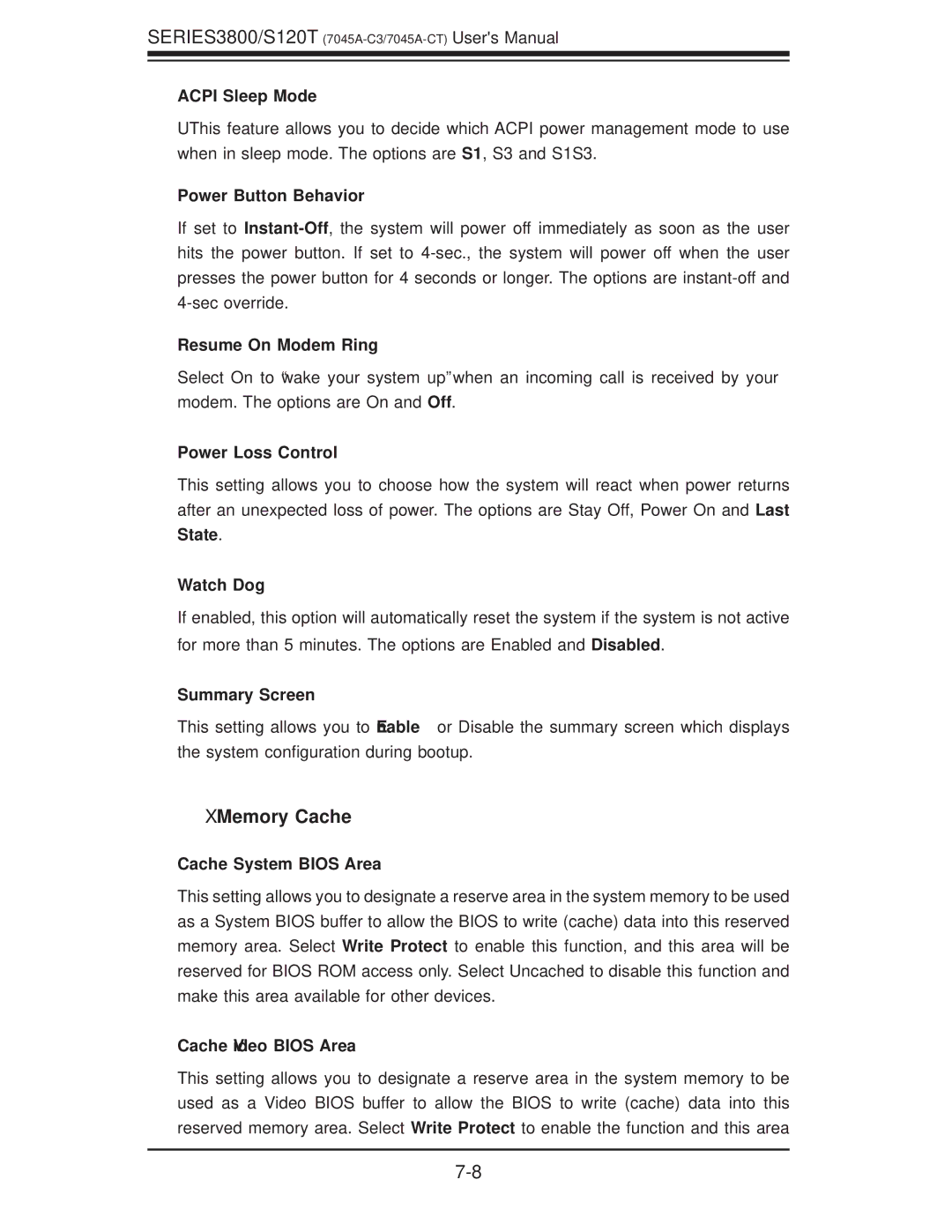 SUPER MICRO Computer S120T, SERIES3800 user manual XMemory Cache 