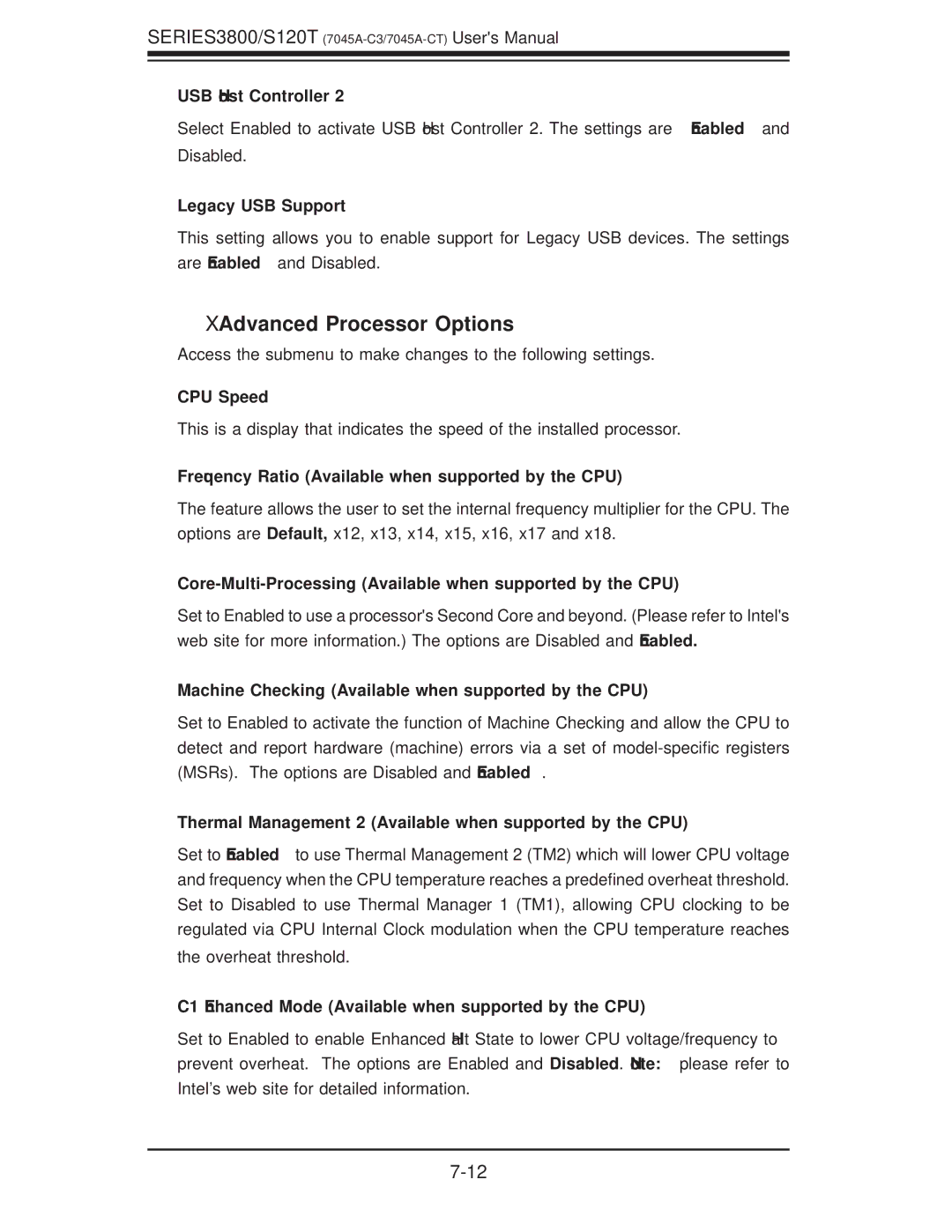 SUPER MICRO Computer S120T, SERIES3800 user manual XAdvanced Processor Options 