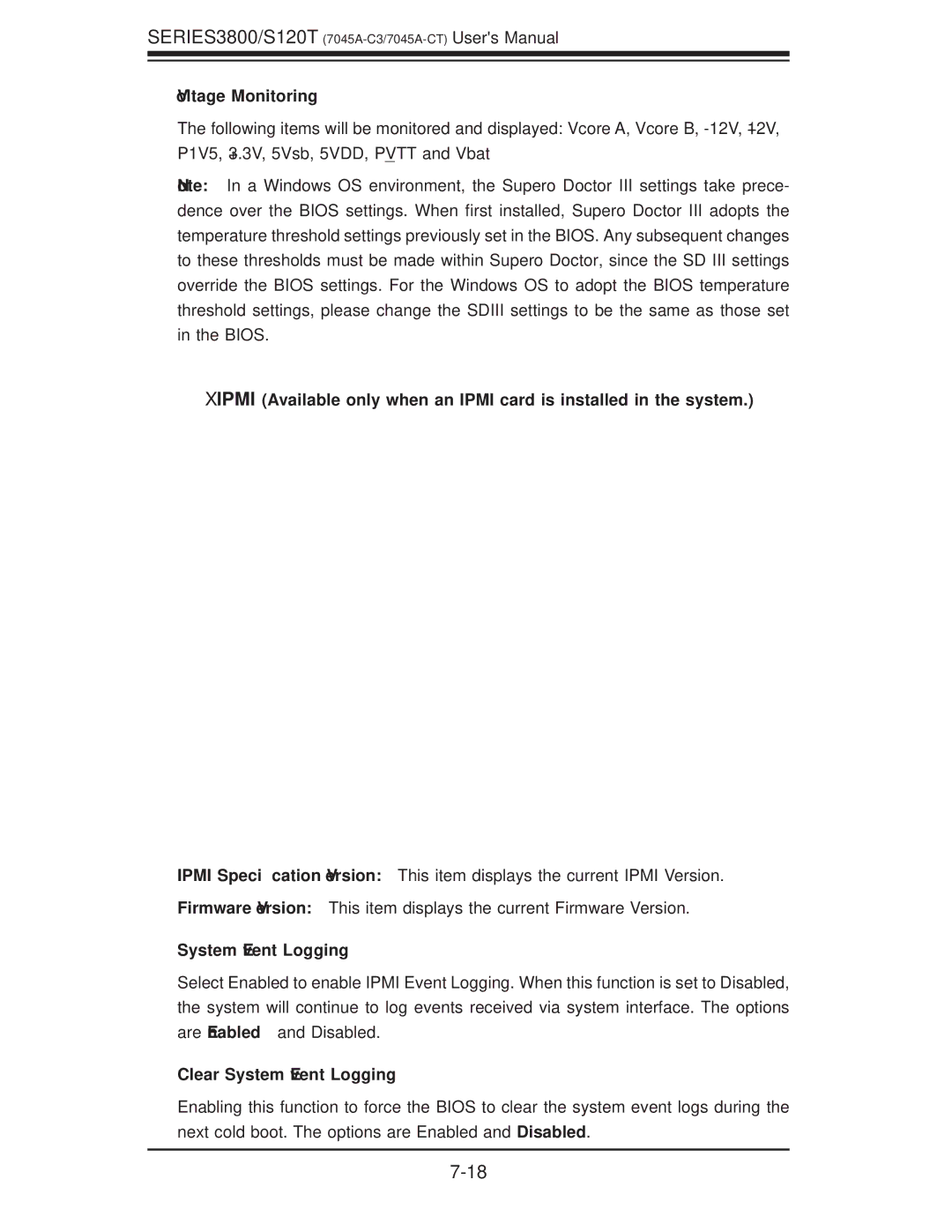 SUPER MICRO Computer S120T, SERIES3800 user manual Voltage Monitoring, Clear System Event Logging 