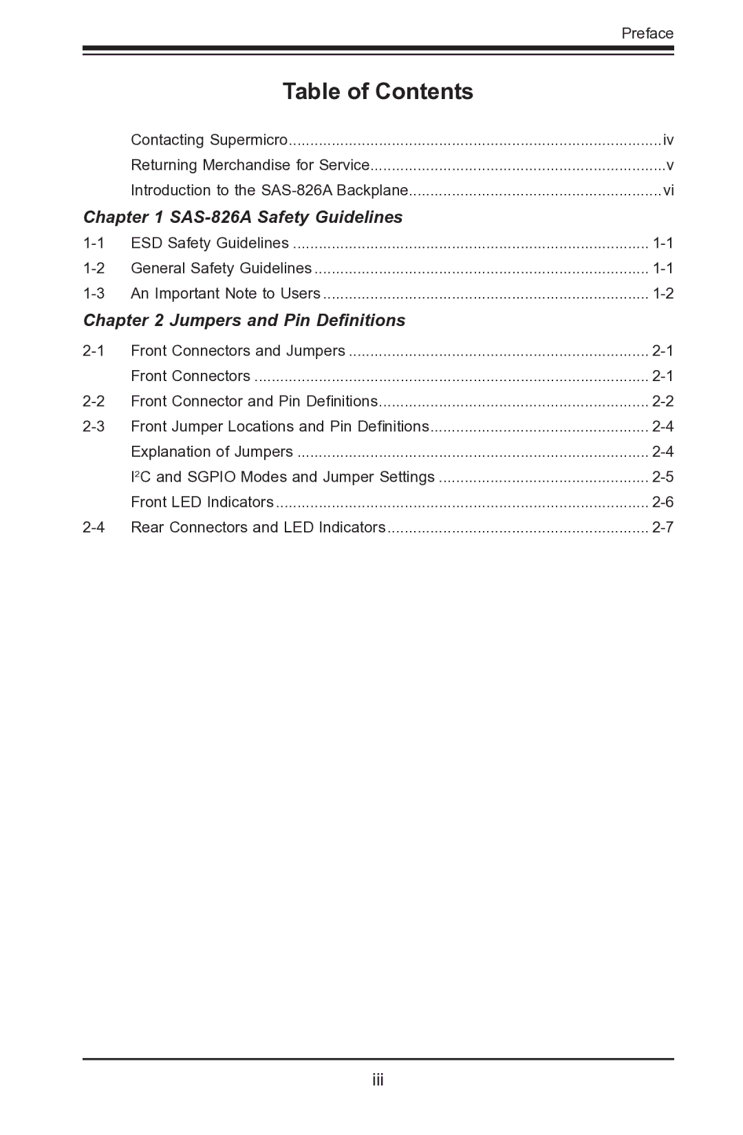 SUPER MICRO Computer SAS-826A manual Table of Contents 