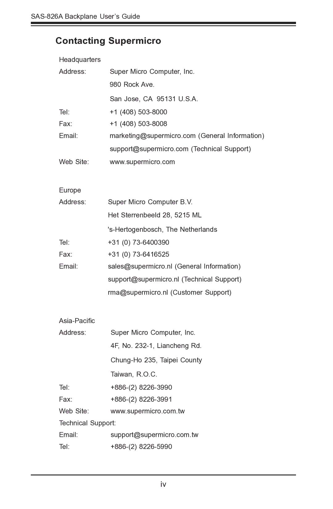 SUPER MICRO Computer SAS-826A manual Contacting Supermicro 