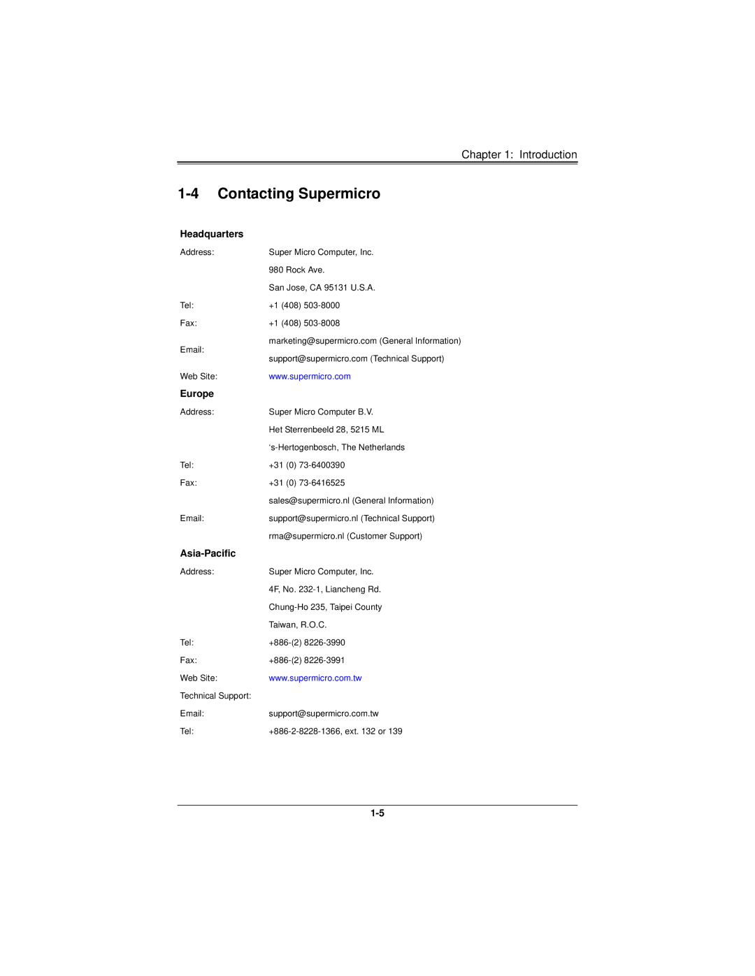 SUPER MICRO Computer SBI-7226T-T2 user manual Contacting Supermicro, Headquarters, Europe, Asia-Pacific 