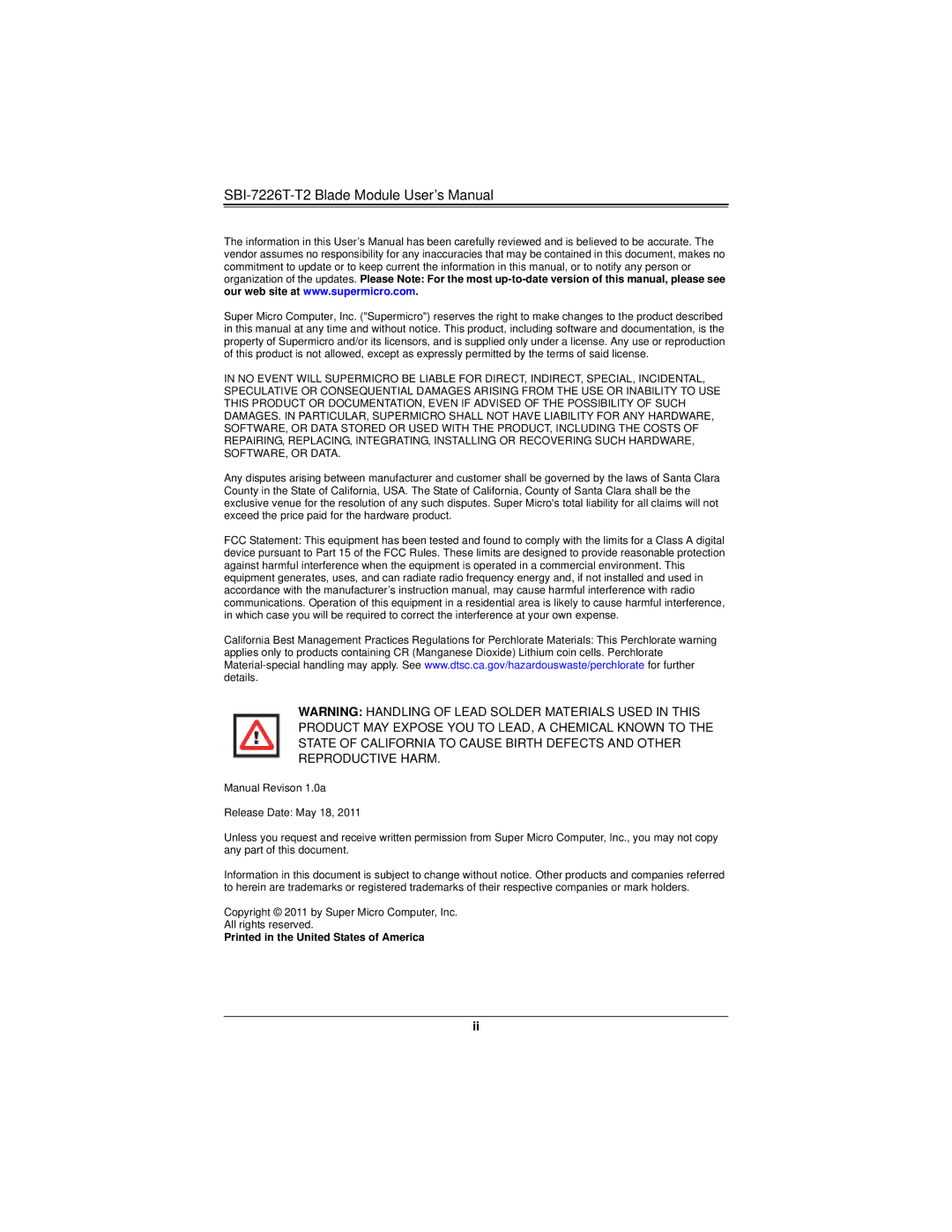 SUPER MICRO Computer user manual SBI-7226T-T2 Blade Module User’s Manual 