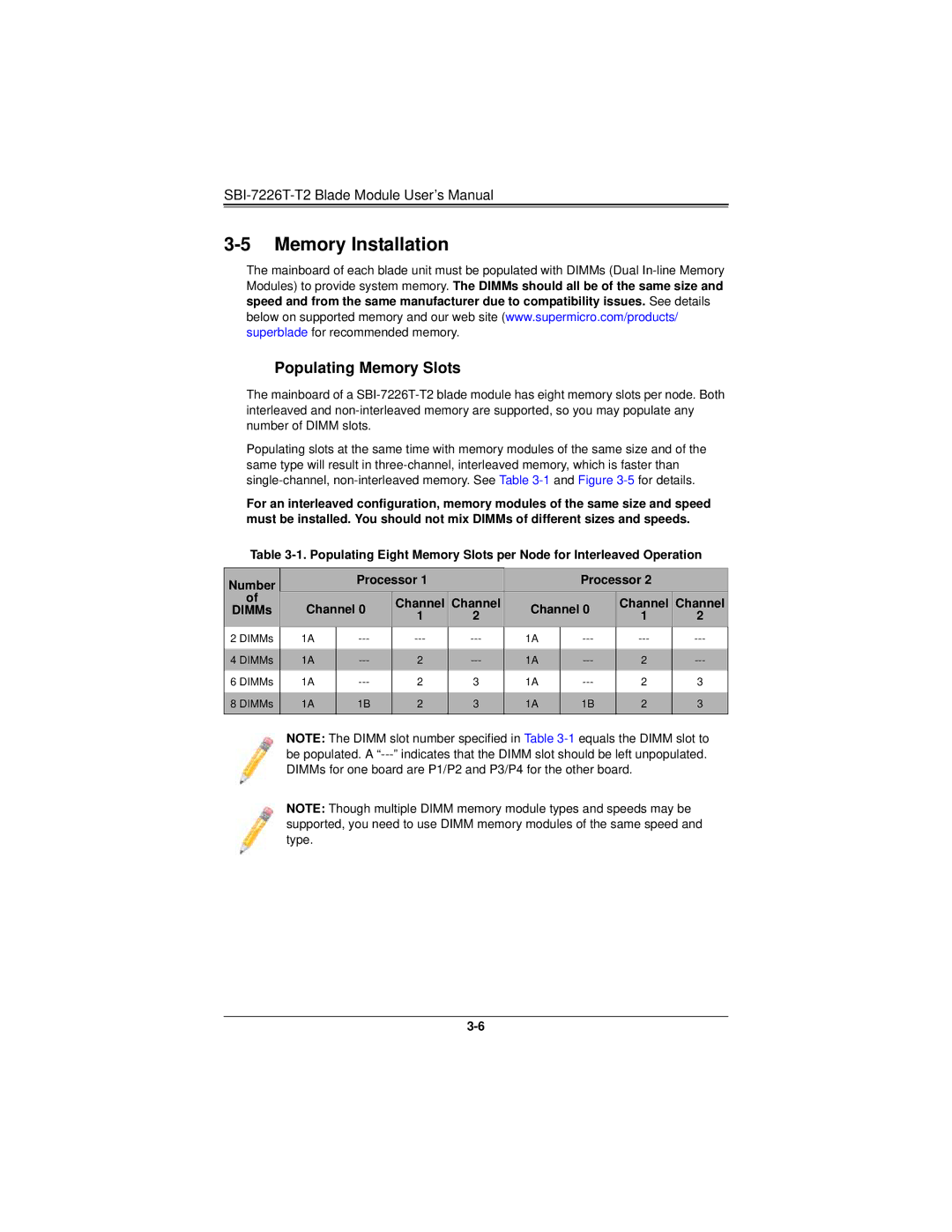 SUPER MICRO Computer SBI-7226T-T2 user manual Memory Installation, Populating Memory Slots, Processor Channel 