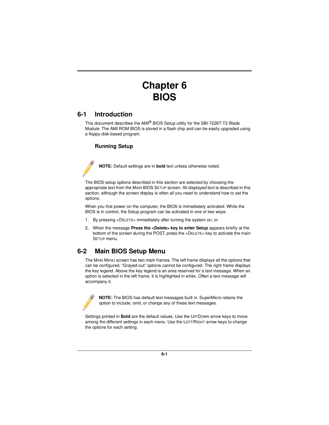 SUPER MICRO Computer SBI-7226T-T2 user manual Chapter, Introduction, Main Bios Setup Menu, Running Setup 