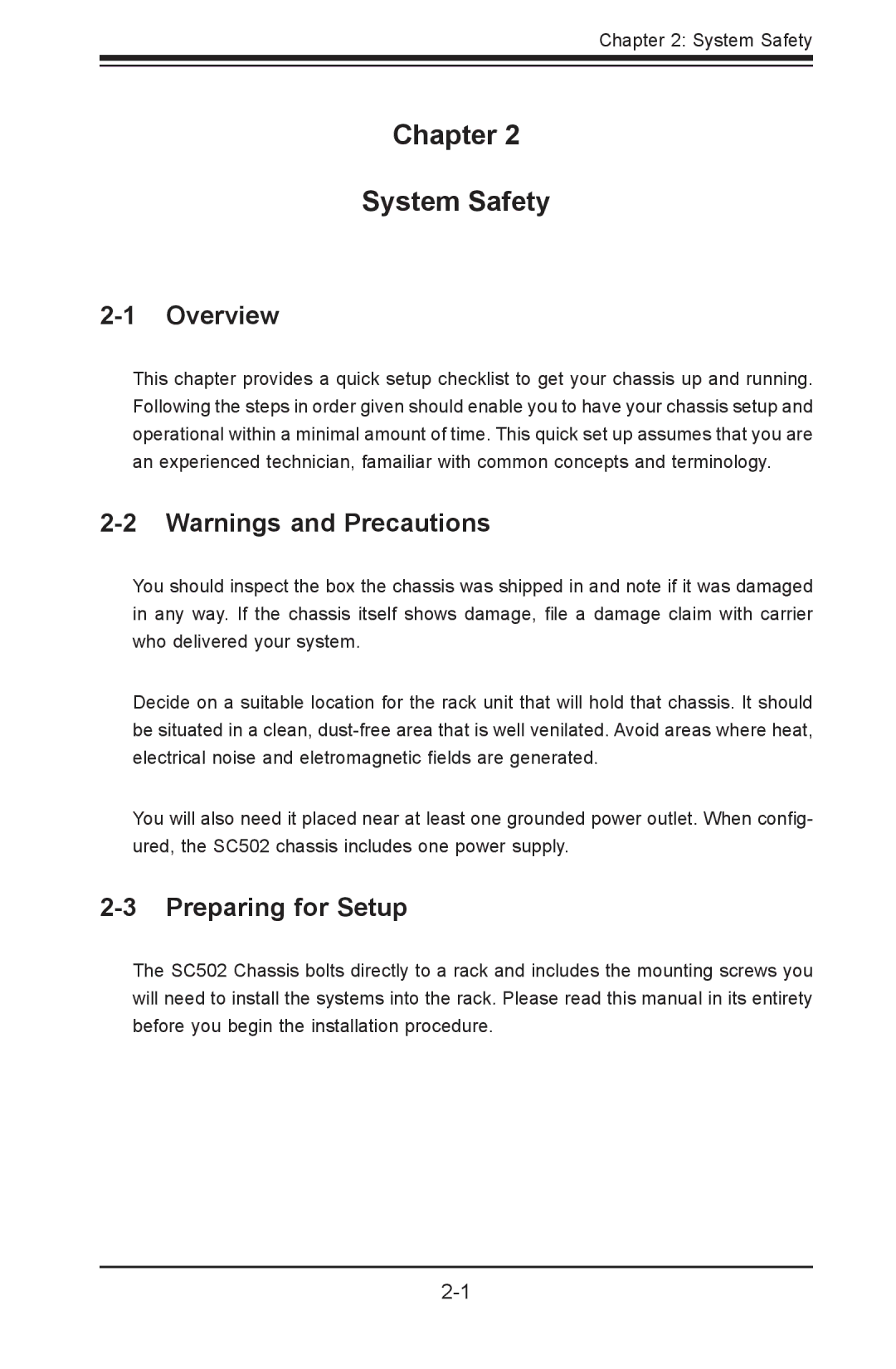 SUPER MICRO Computer SC502-200B user manual Chapter System Safety, Preparing for Setup 