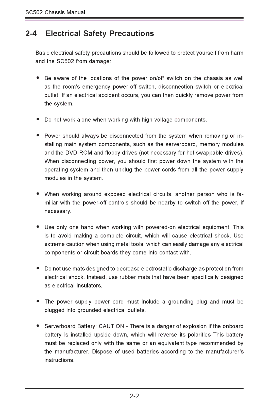 SUPER MICRO Computer SC502-200B user manual Electrical Safety Precautions 