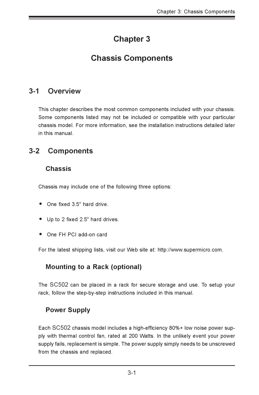 SUPER MICRO Computer SC502-200B user manual Chapter Chassis Components, Mounting to a Rack optional, Power Supply 