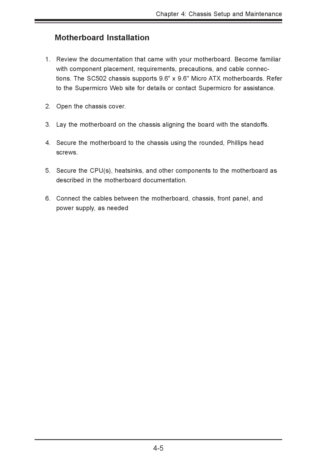 SUPER MICRO Computer SC502-200B user manual Motherboard Installation 