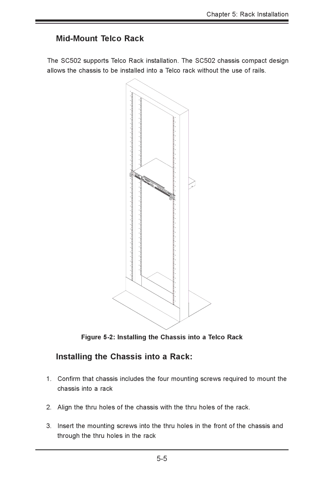 SUPER MICRO Computer SC502-200B user manual Mid-Mount Telco Rack, Installing the Chassis into a Telco Rack 