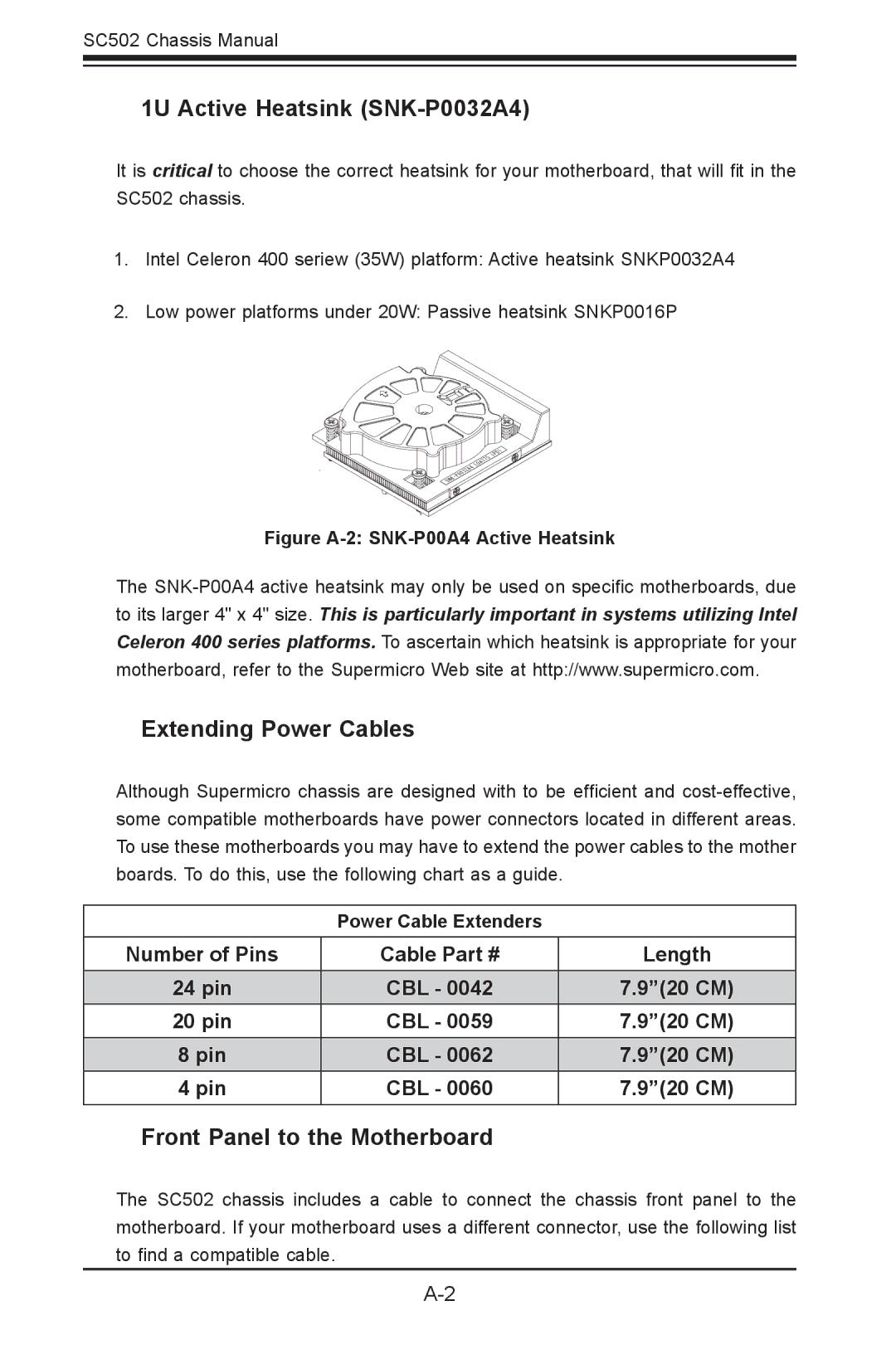 SUPER MICRO Computer SC502-200B 1U Active Heatsink SNK-P0032A4, Extending Power Cables, Front Panel to the Motherboard 