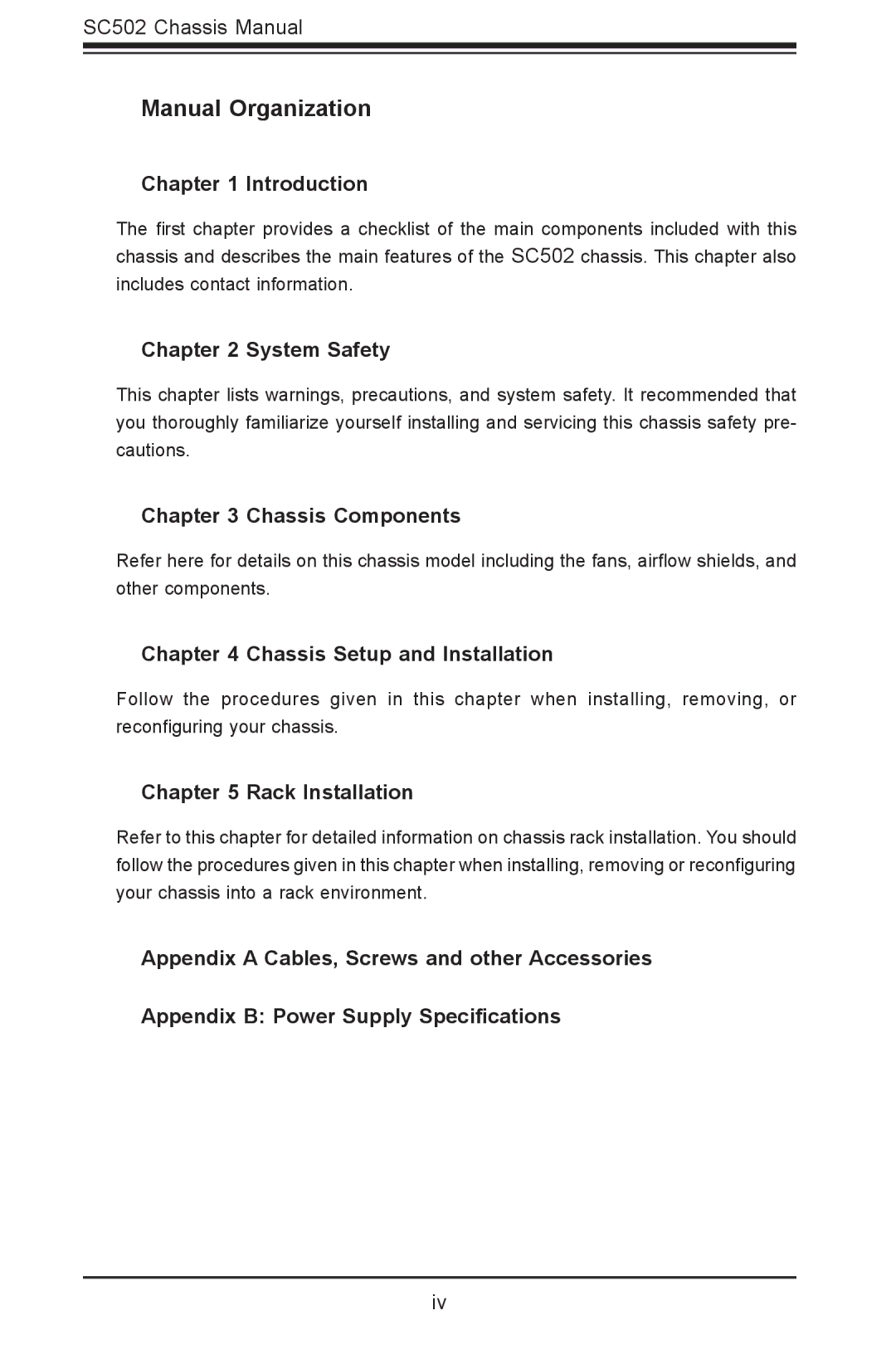 SUPER MICRO Computer SC502-200B user manual Manual Organization, Introduction 