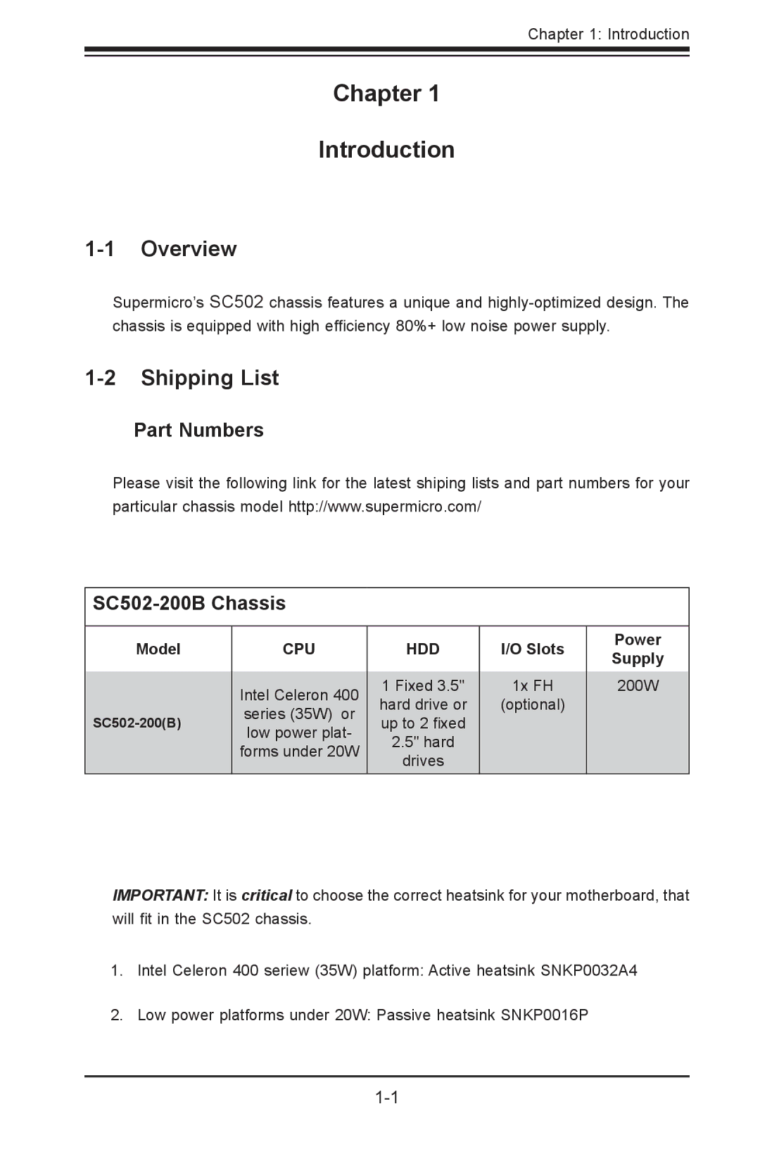 SUPER MICRO Computer user manual Chapter Introduction, Overview, Shipping List, Part Numbers SC502-200B Chassis 