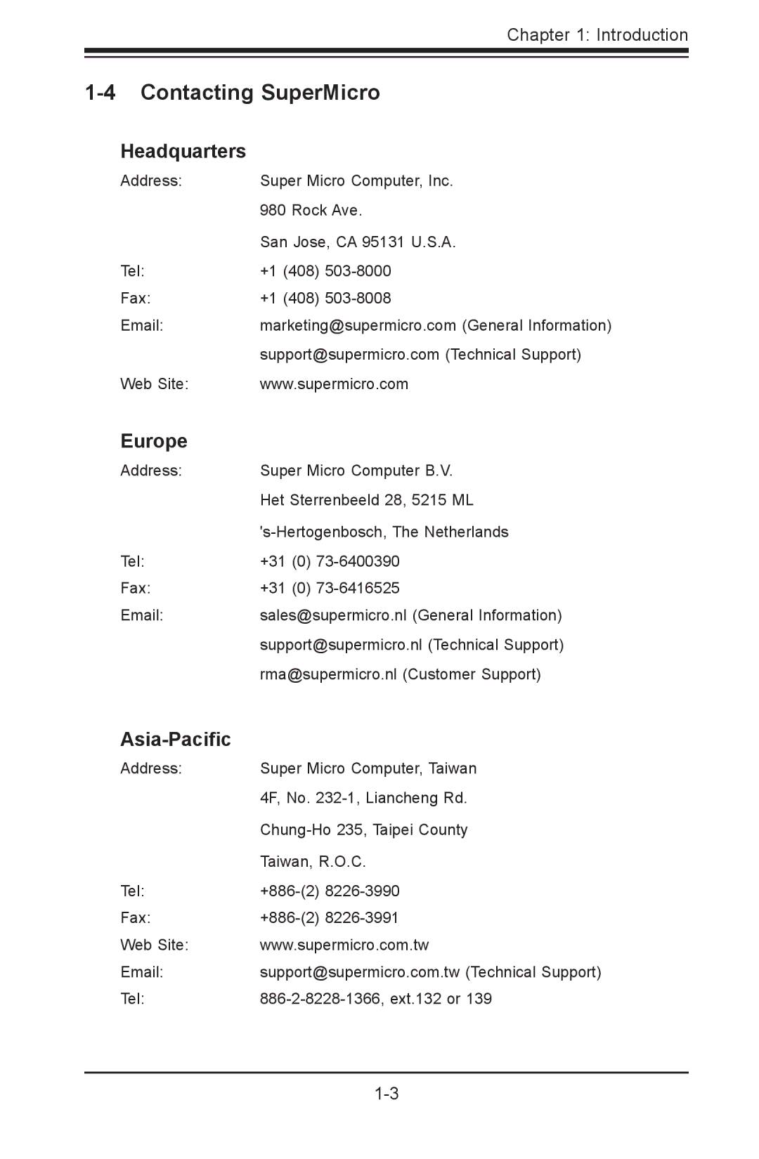 SUPER MICRO Computer SC502-200B user manual Contacting SuperMicro, Headquarters, Europe, Asia-Paciﬁc 