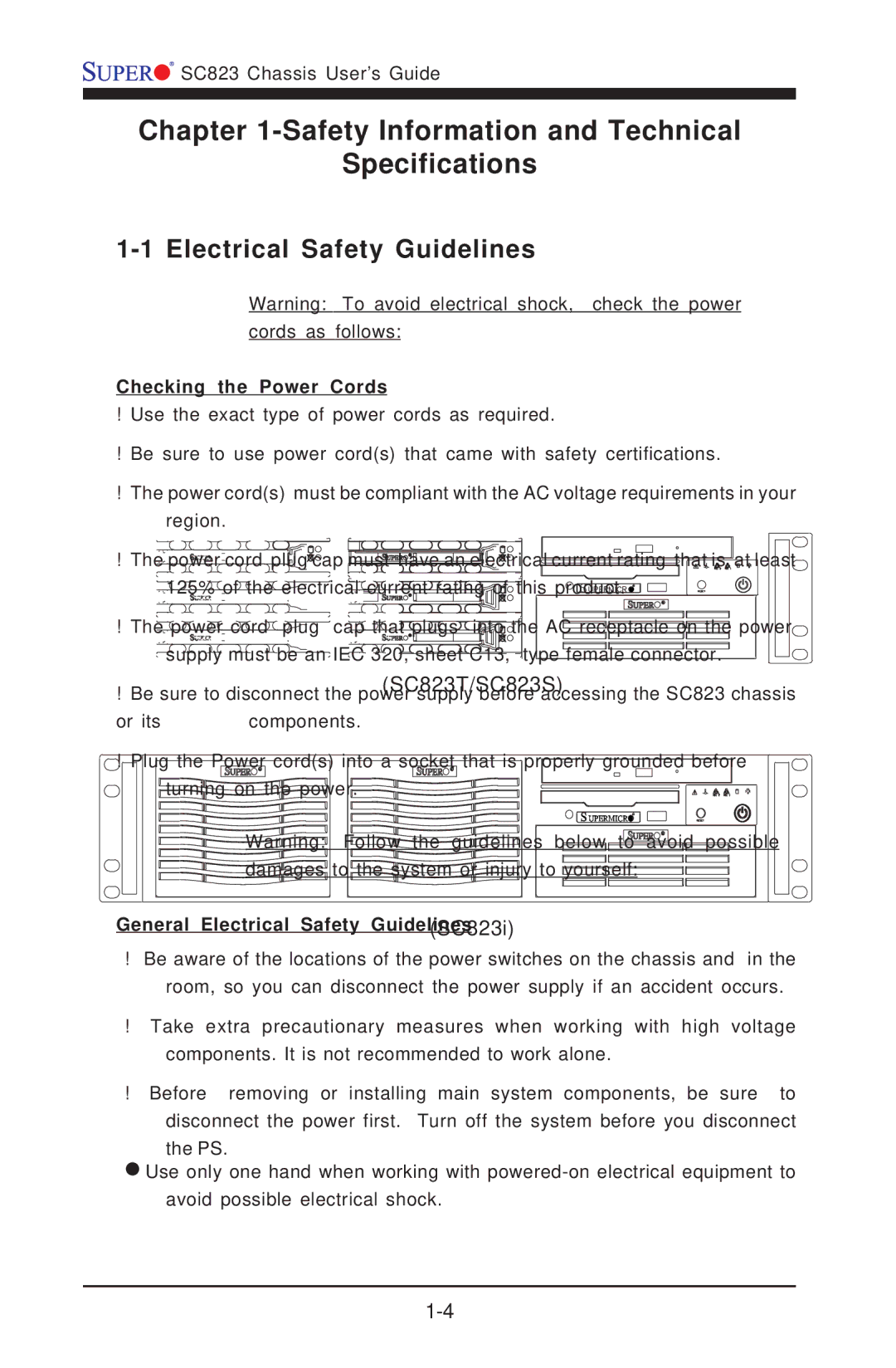 SUPER MICRO Computer SC823T manual Checking the Power Cords, General Electrical Safety Guidelines 