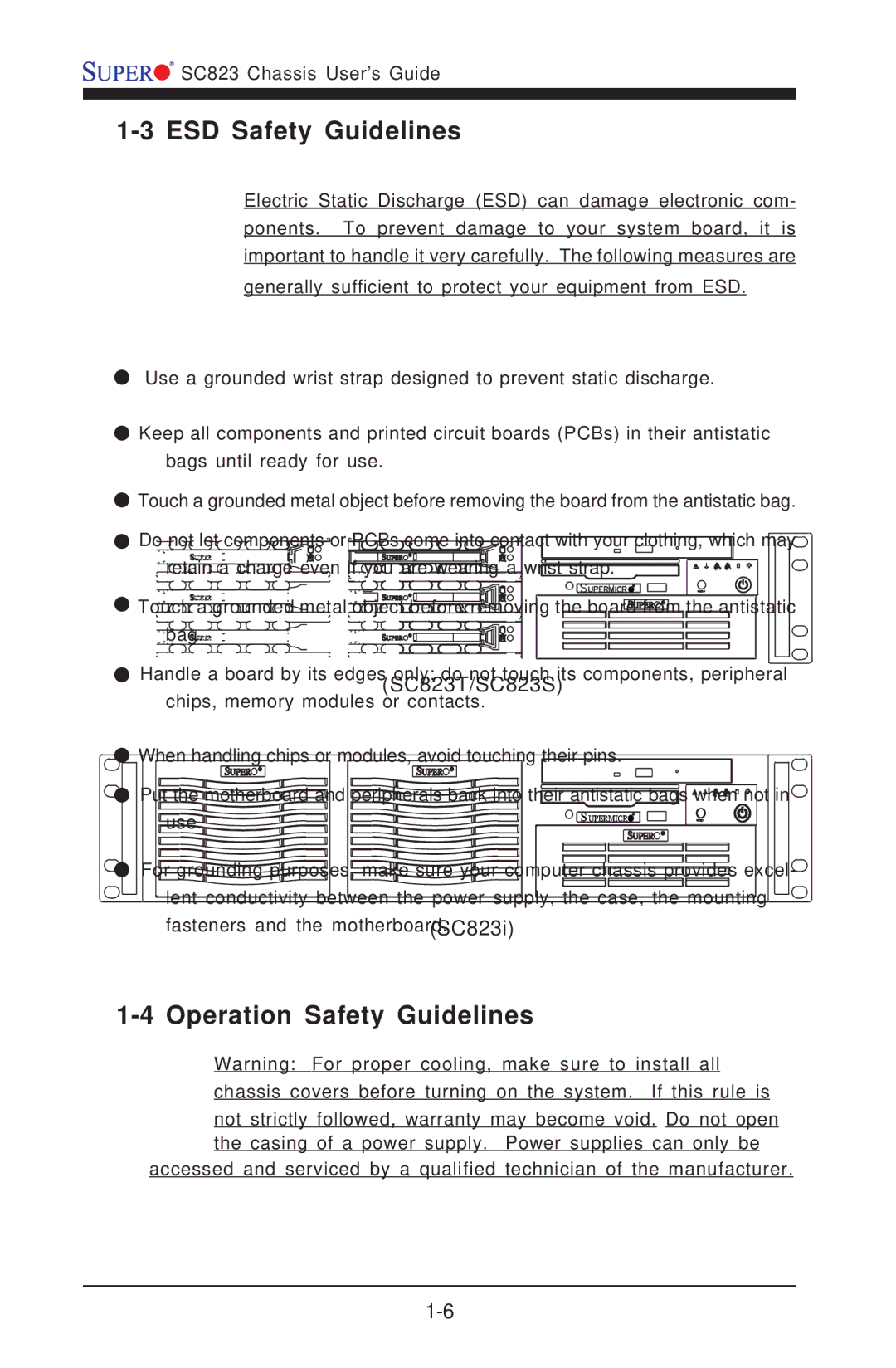 SUPER MICRO Computer SC823T manual ESD Safety Guidelines, Operation Safety Guidelines 