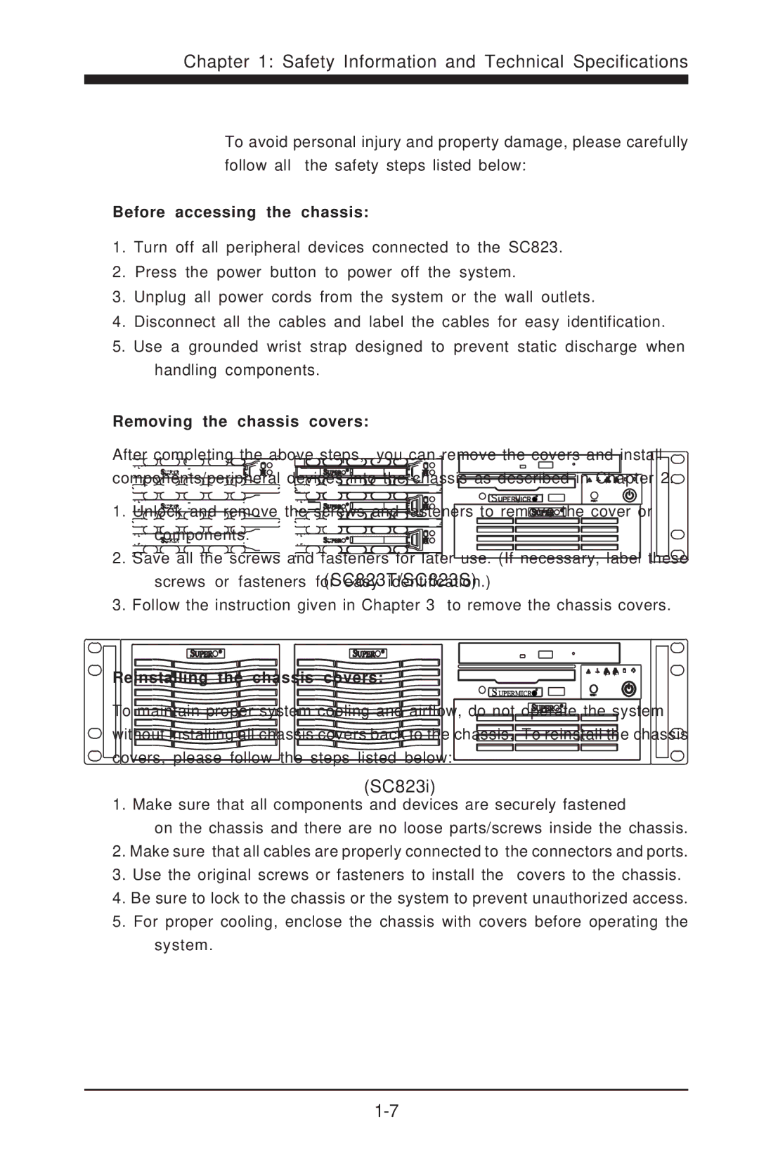 SUPER MICRO Computer SC823T Before accessing the chassis, Removing the chassis covers, Reinstalling the chassis covers 