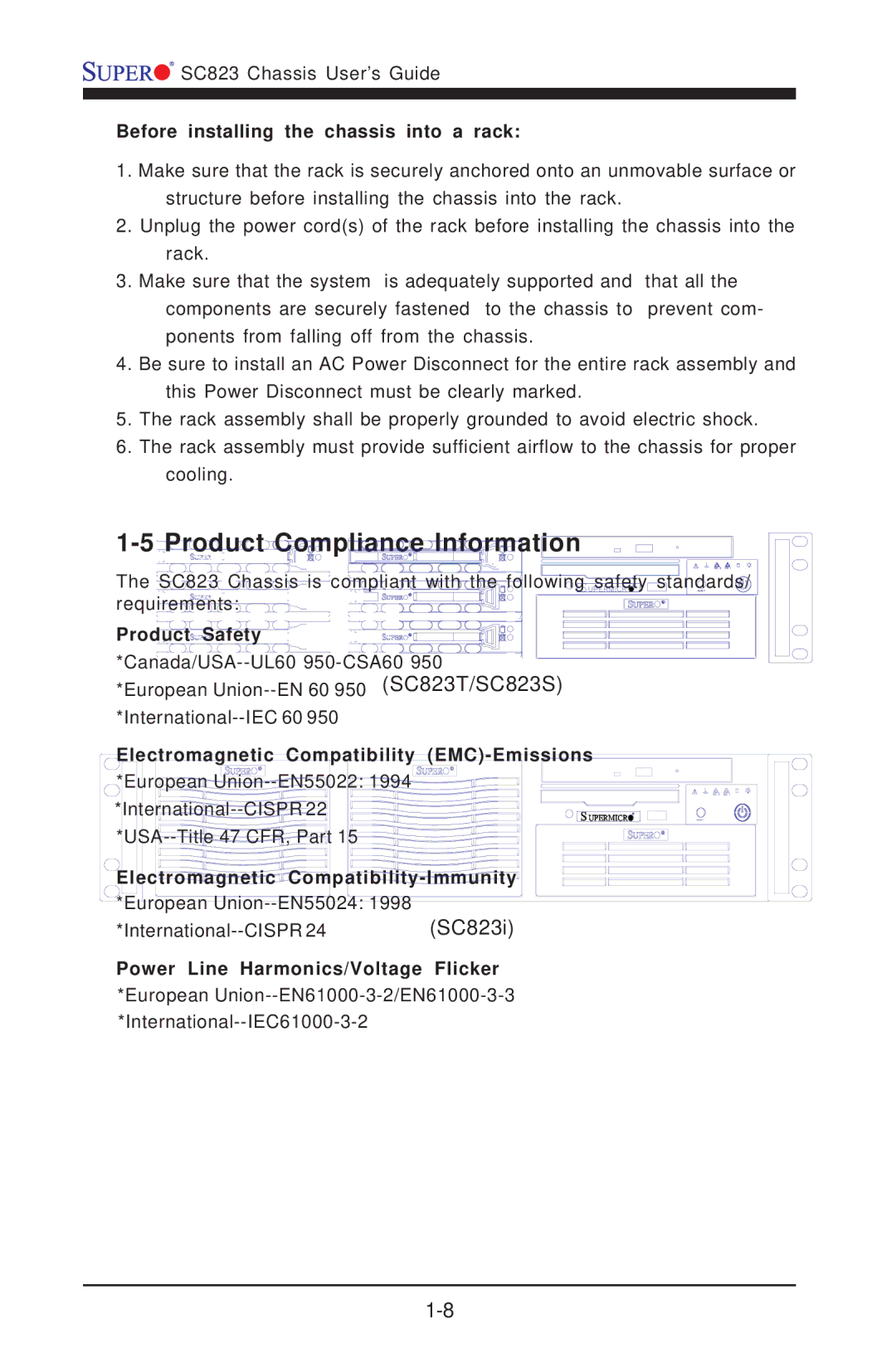 SUPER MICRO Computer SC823T Product Compliance Information, Before installing the chassis into a rack, Product Safety 