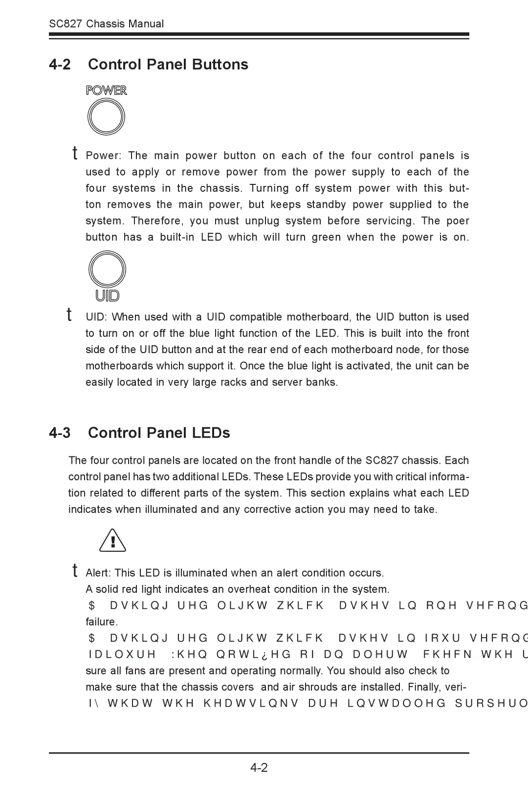 SUPER MICRO Computer sc827 user manual Control Panel Buttons, Control Panel LEDs 