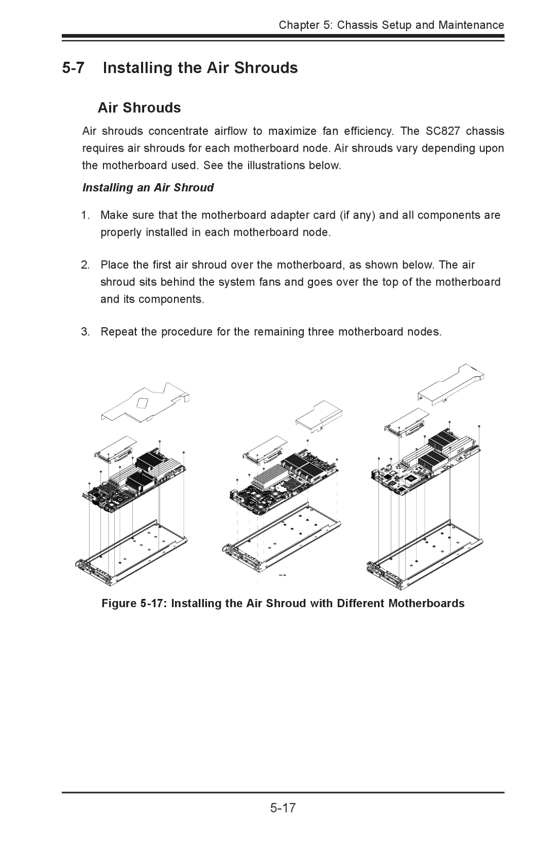 SUPER MICRO Computer sc827 user manual Installing the Air Shrouds, Installing an Air Shroud 