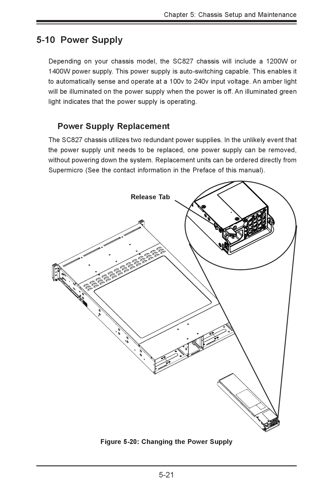 SUPER MICRO Computer sc827 user manual Power Supply Replacement, Release Tab 