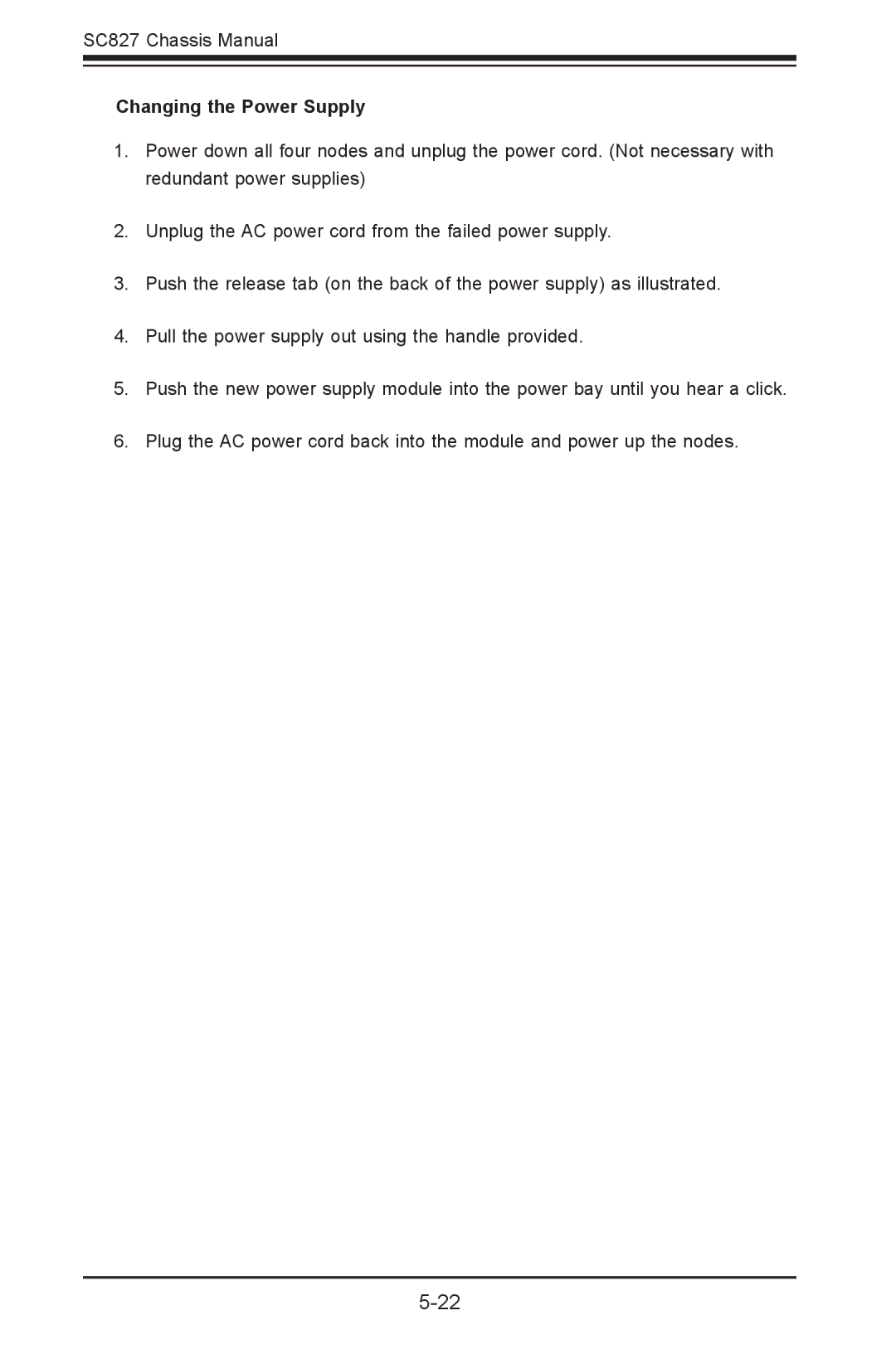 SUPER MICRO Computer sc827 user manual Changing the Power Supply 