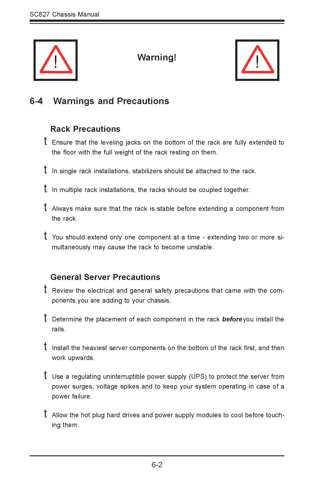 SUPER MICRO Computer sc827 user manual Rack Precautions, General Server Precautions 