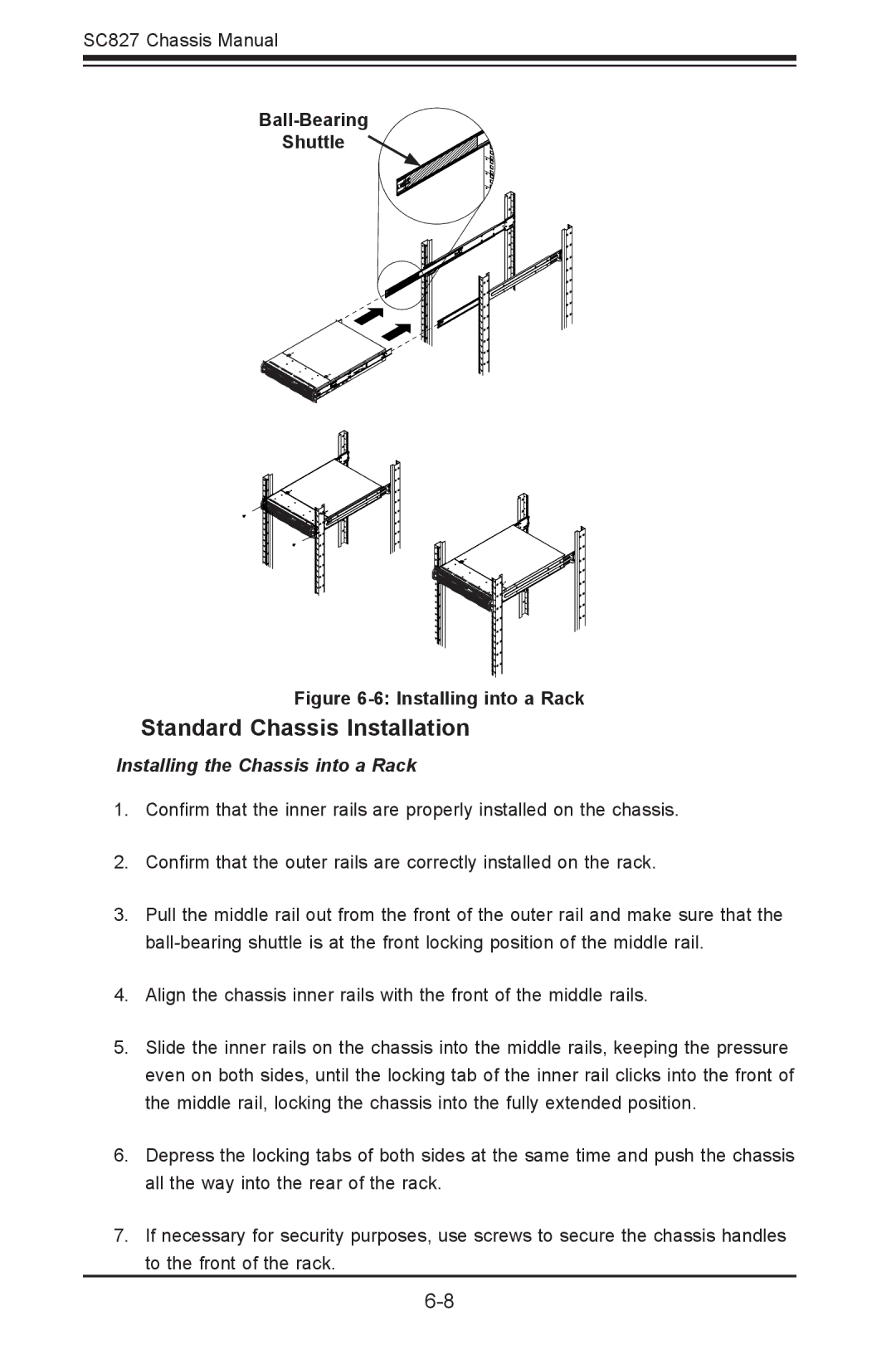 SUPER MICRO Computer sc827 Standard Chassis Installation, Ball-Bearing Shuttle, Installing the Chassis into a Rack 