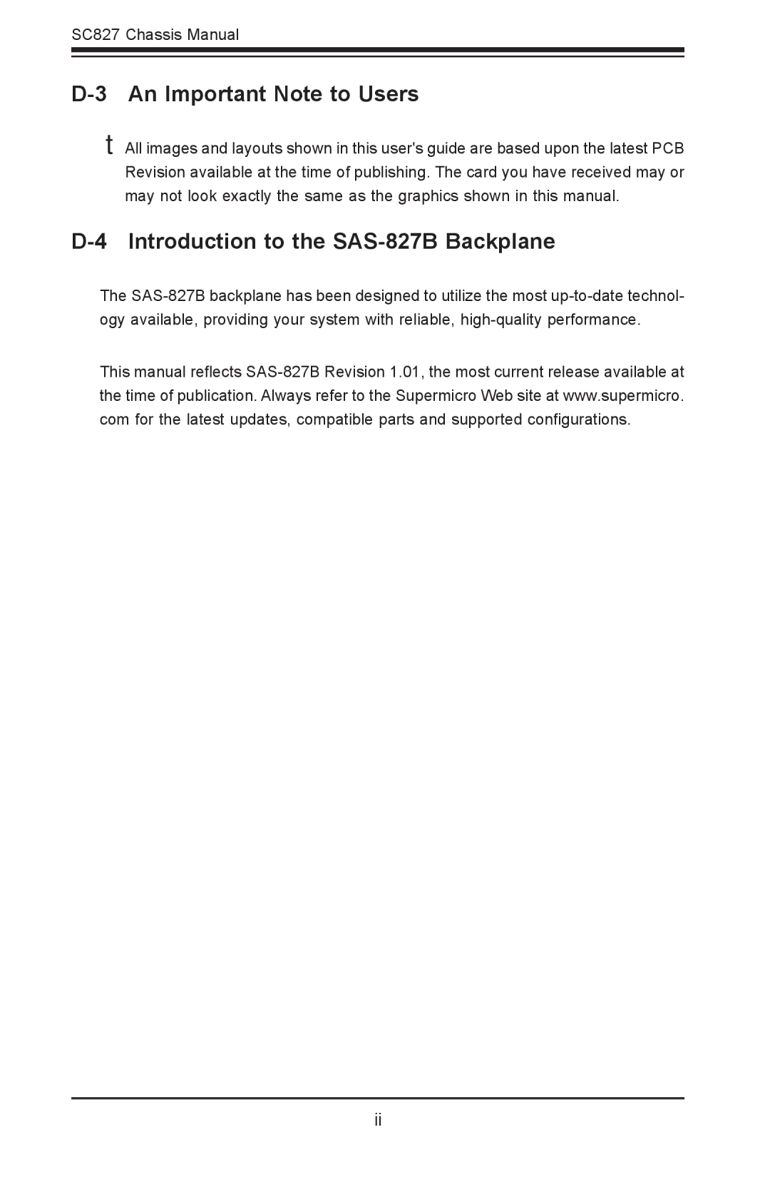 SUPER MICRO Computer sc827 user manual An Important Note to Users, Introduction to the SAS-827B Backplane 