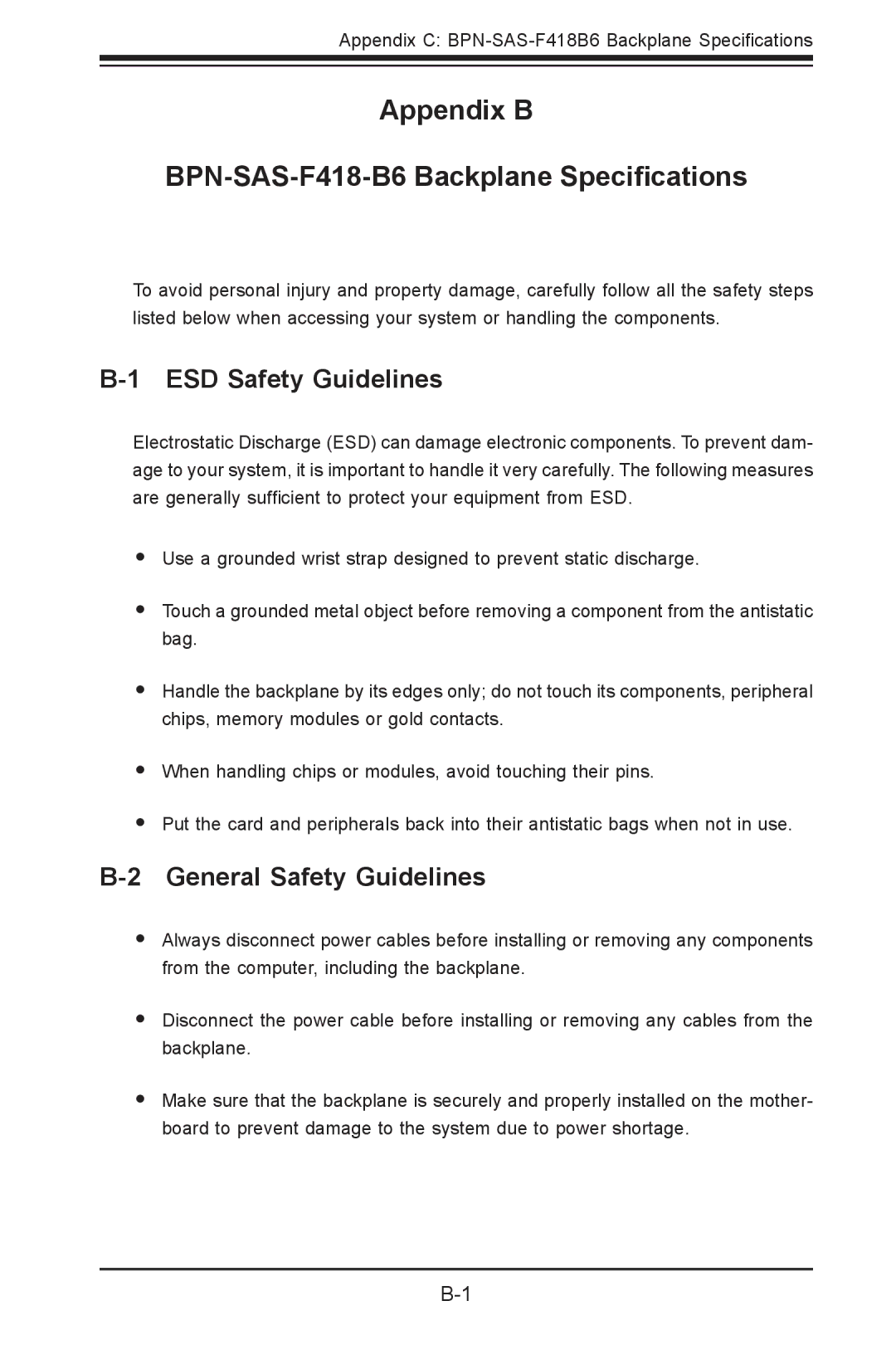 SUPER MICRO Computer SCF418C-R1K62BP user manual Appendix B BPN-SAS-F418-B6 Backplane Specifications, ESD Safety Guidelines 