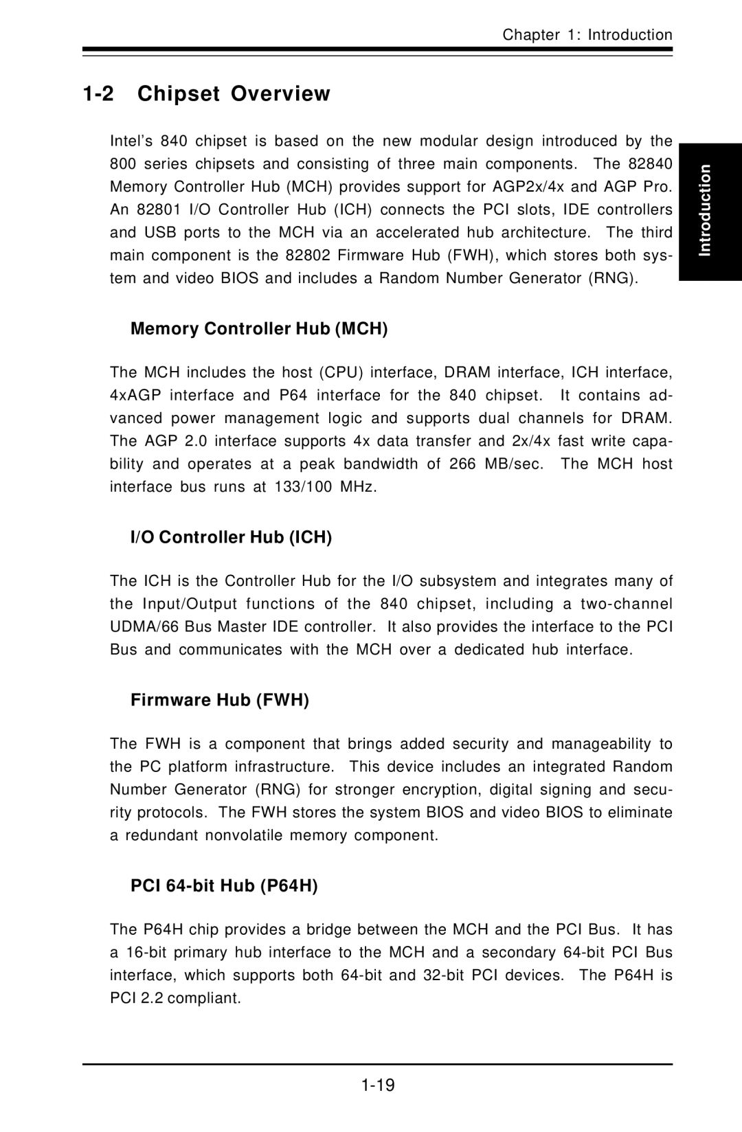 SUPER MICRO Computer Super PIIIDM4 Chipset Overview, Memory Controller Hub MCH, Controller Hub ICH, Firmware Hub FWH 