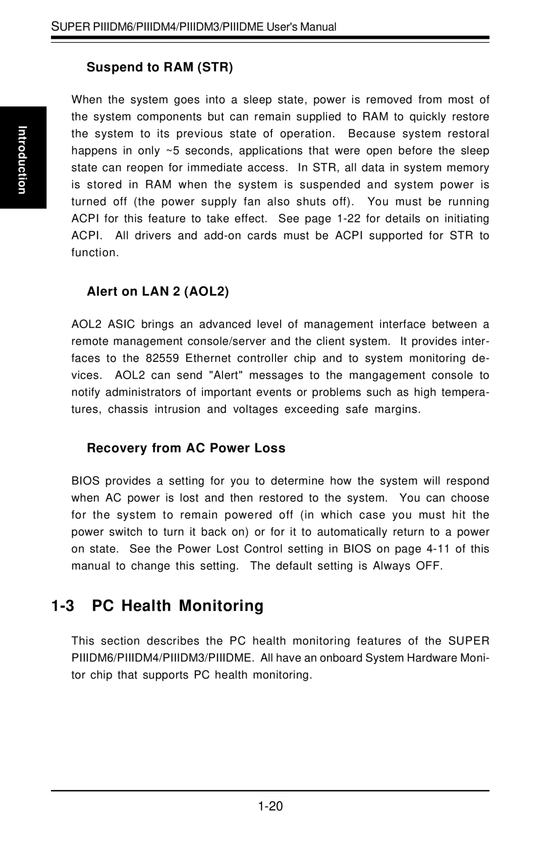 SUPER MICRO Computer Super PIIIDM3, Super PIIIDME user manual PC Health Monitoring, Suspend to RAM STR, Alert on LAN 2 AOL2 